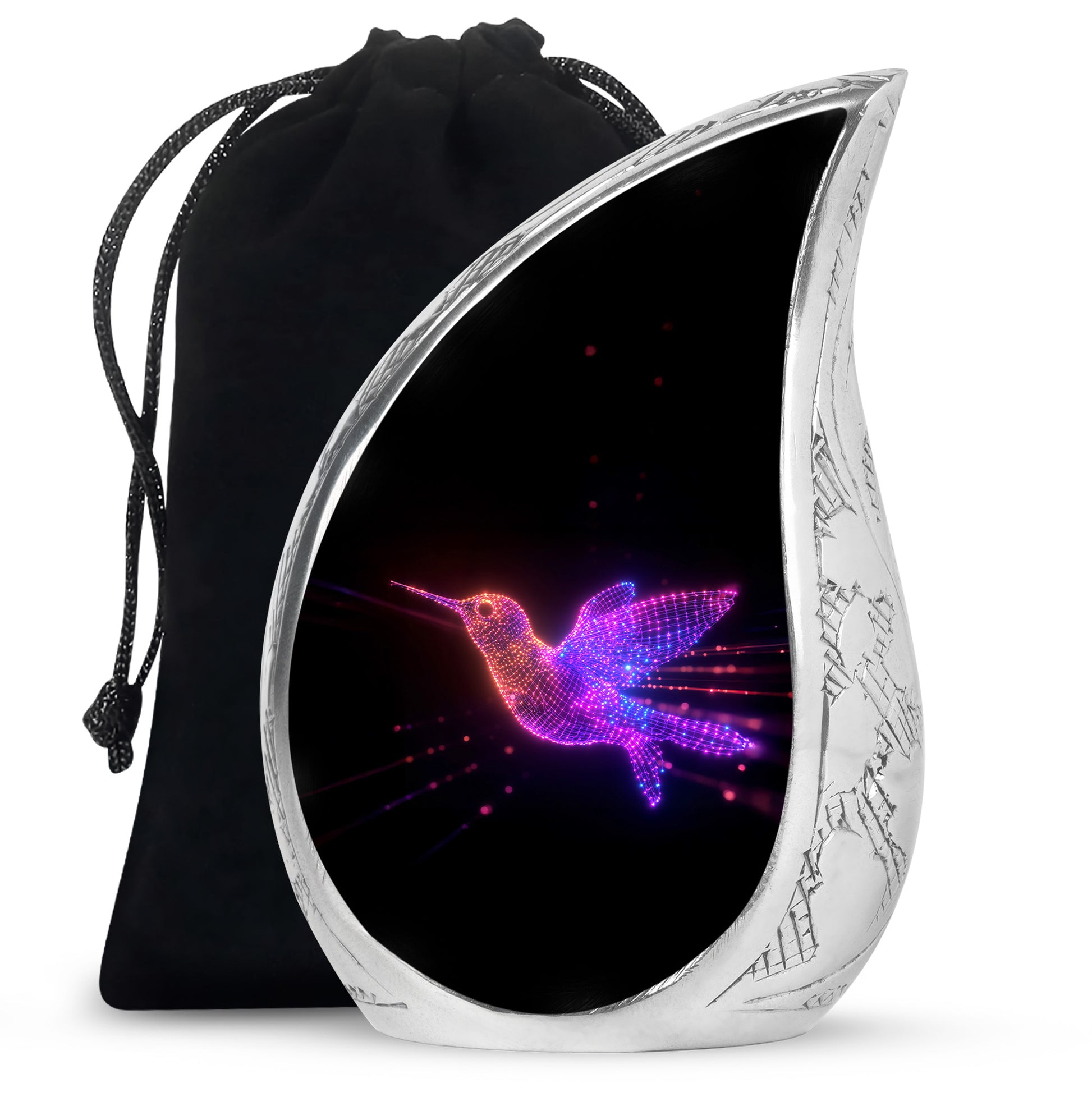 Deep Black Hummingbird Cremation Urn front view showing detailed design - flowing teardrop hummingbird silhouette on curved aluminum - full-size 10 inch 200 cubic inch adult cremation urn