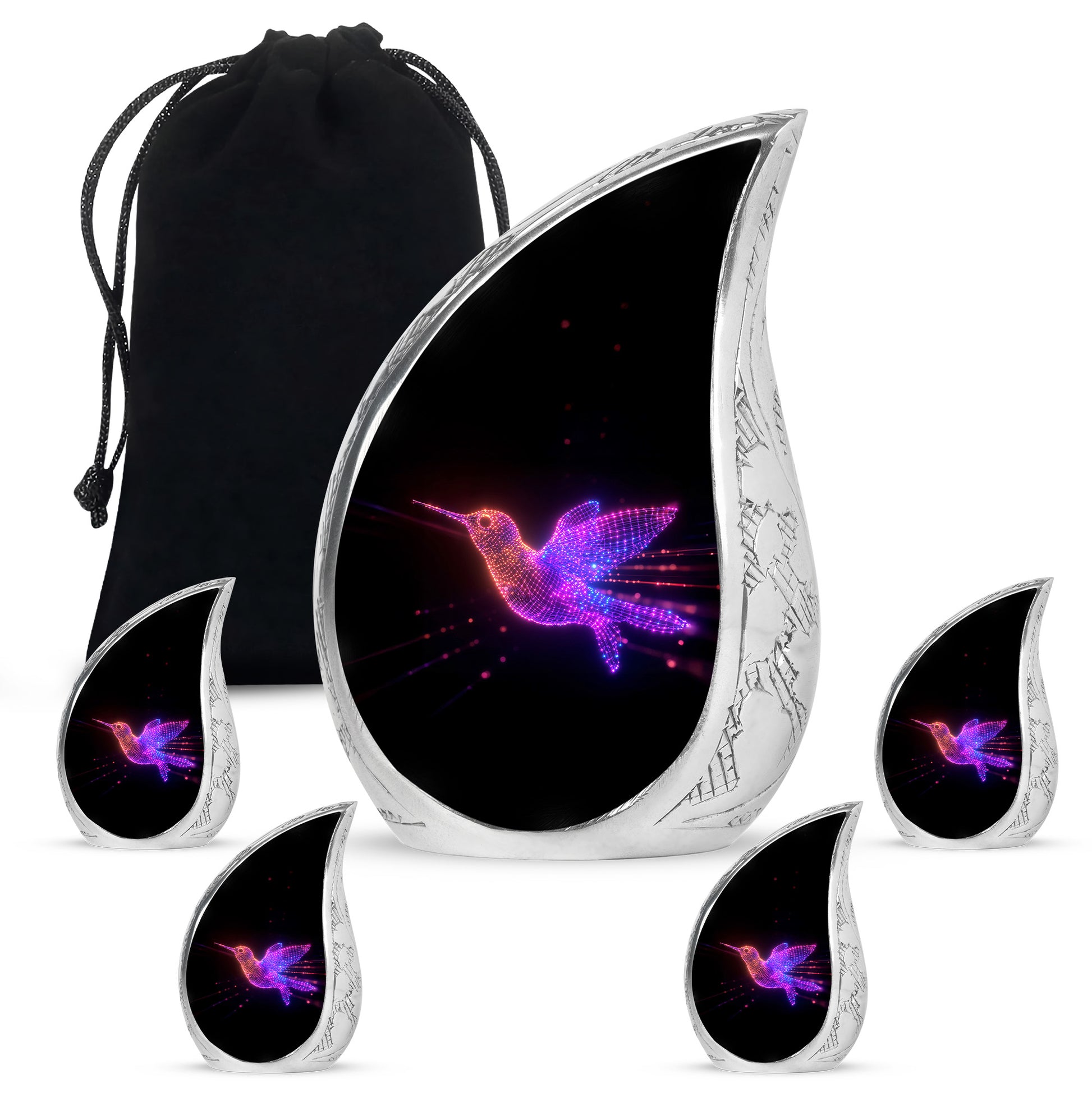 Obsidian Black Hummingbird Cremation Urn side profile showing urn shape - smooth teardrop contour featuring hummingbird art - memorial set with one large and four small urns
