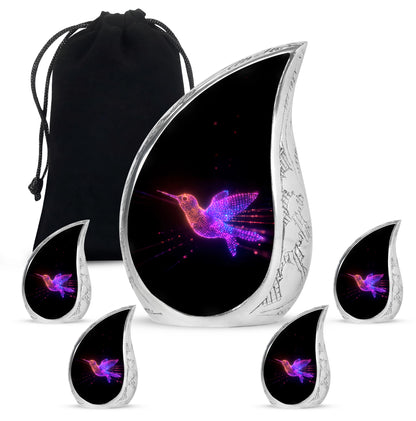 Obsidian Black Hummingbird Cremation Urn side profile showing urn shape - smooth teardrop contour featuring hummingbird art - memorial set with one large and four small urns