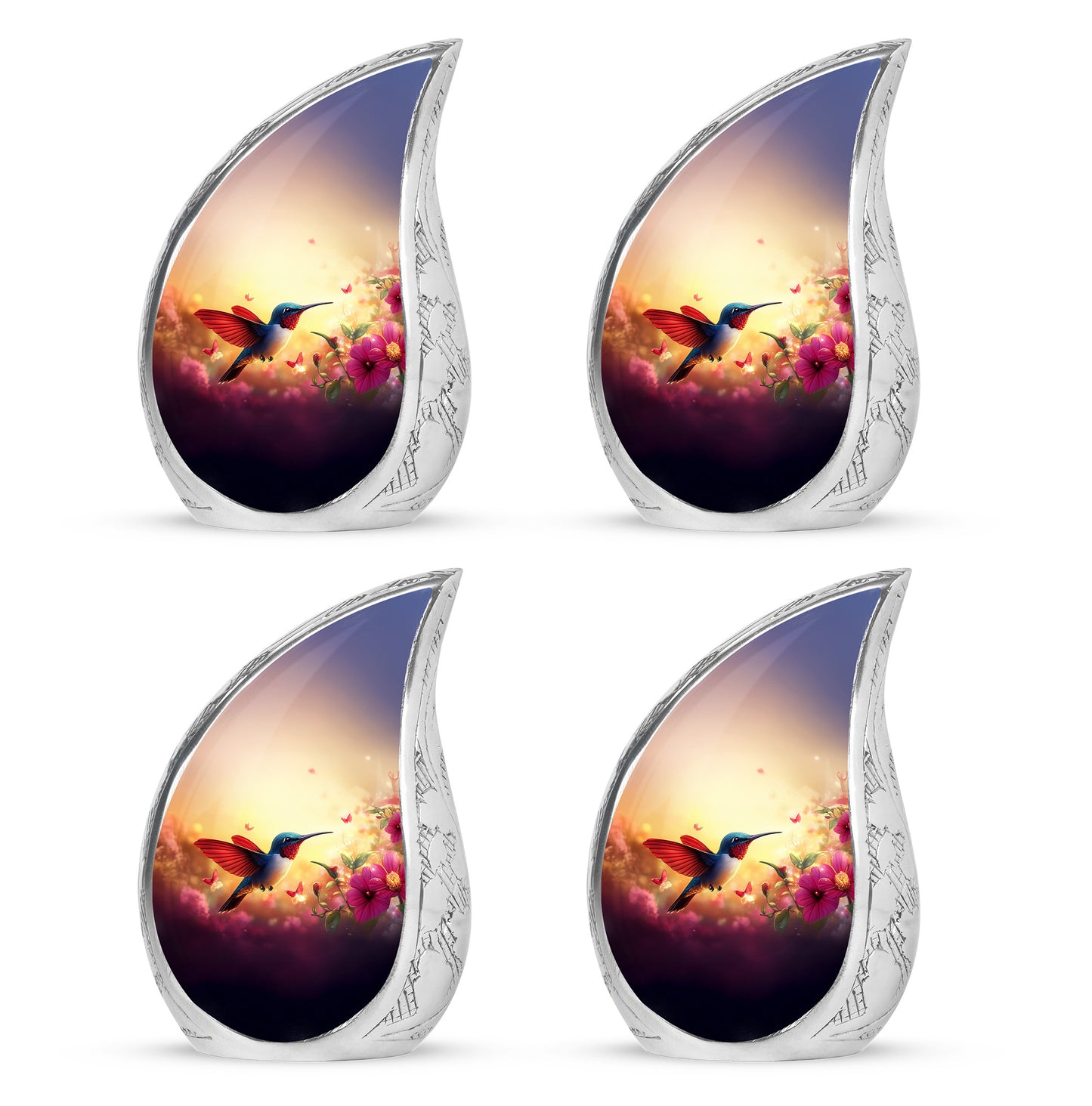 Champagne Gold Hummingbird Cremation Urn close-up of engraving and surface detail - flowing teardrop hummingbird silhouette on curved aluminum - 10 inch aluminum urn for cremated remains