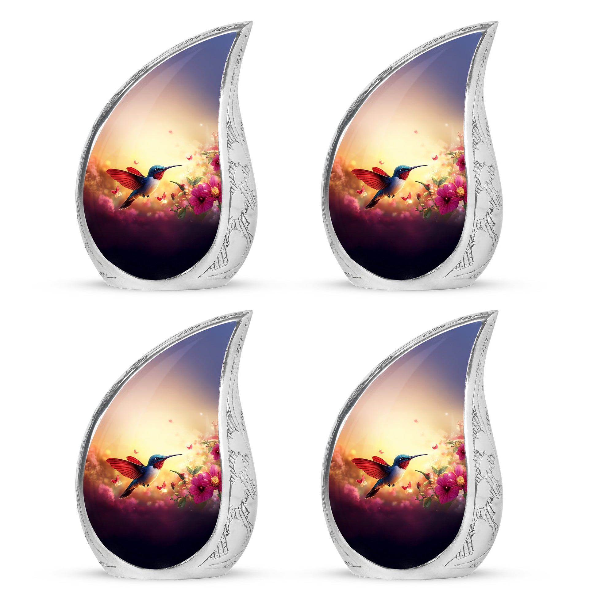 Champagne Gold Hummingbird Cremation Urn close-up of engraving and surface detail - flowing teardrop hummingbird silhouette on curved aluminum - 10 inch aluminum urn for cremated remains