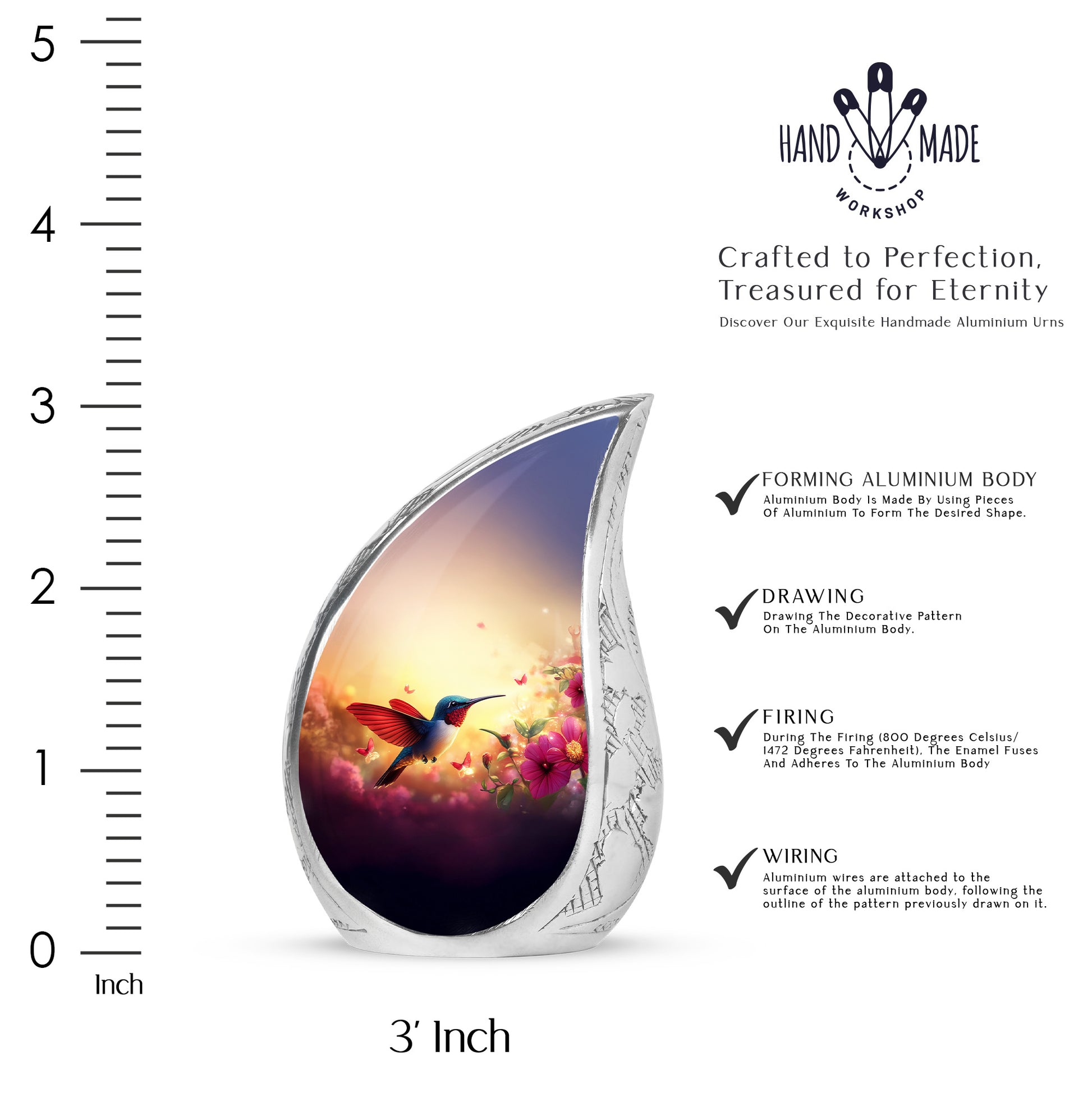 Sunrise Gold Hummingbird Cremation Urn angled view of lid and engraved motif - rounded teardrop hummingbird design with delicate detail - mini keepsake memorial for portion of cremation ashes