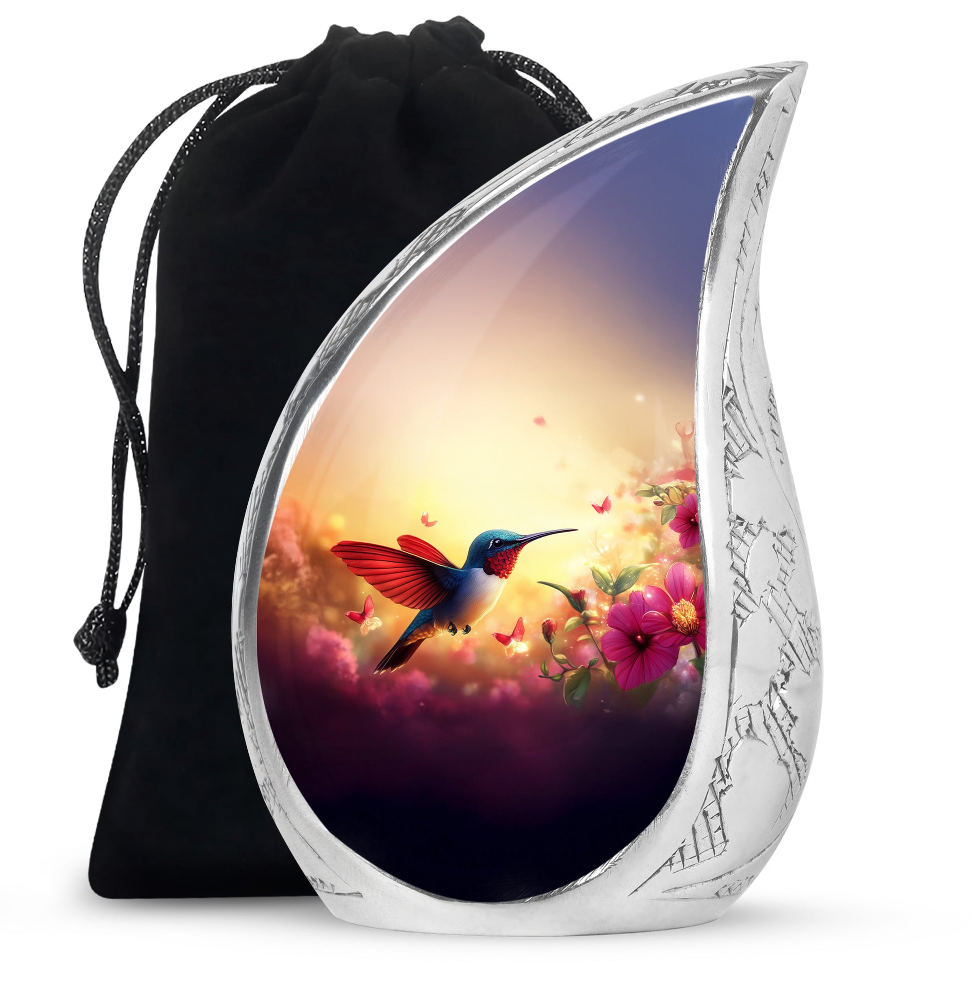 Sunrise Gold Hummingbird Cremation Urn front view showing detailed design - flowing teardrop hummingbird silhouette on curved aluminum - full-size 10 inch 200 cubic inch adult cremation urn