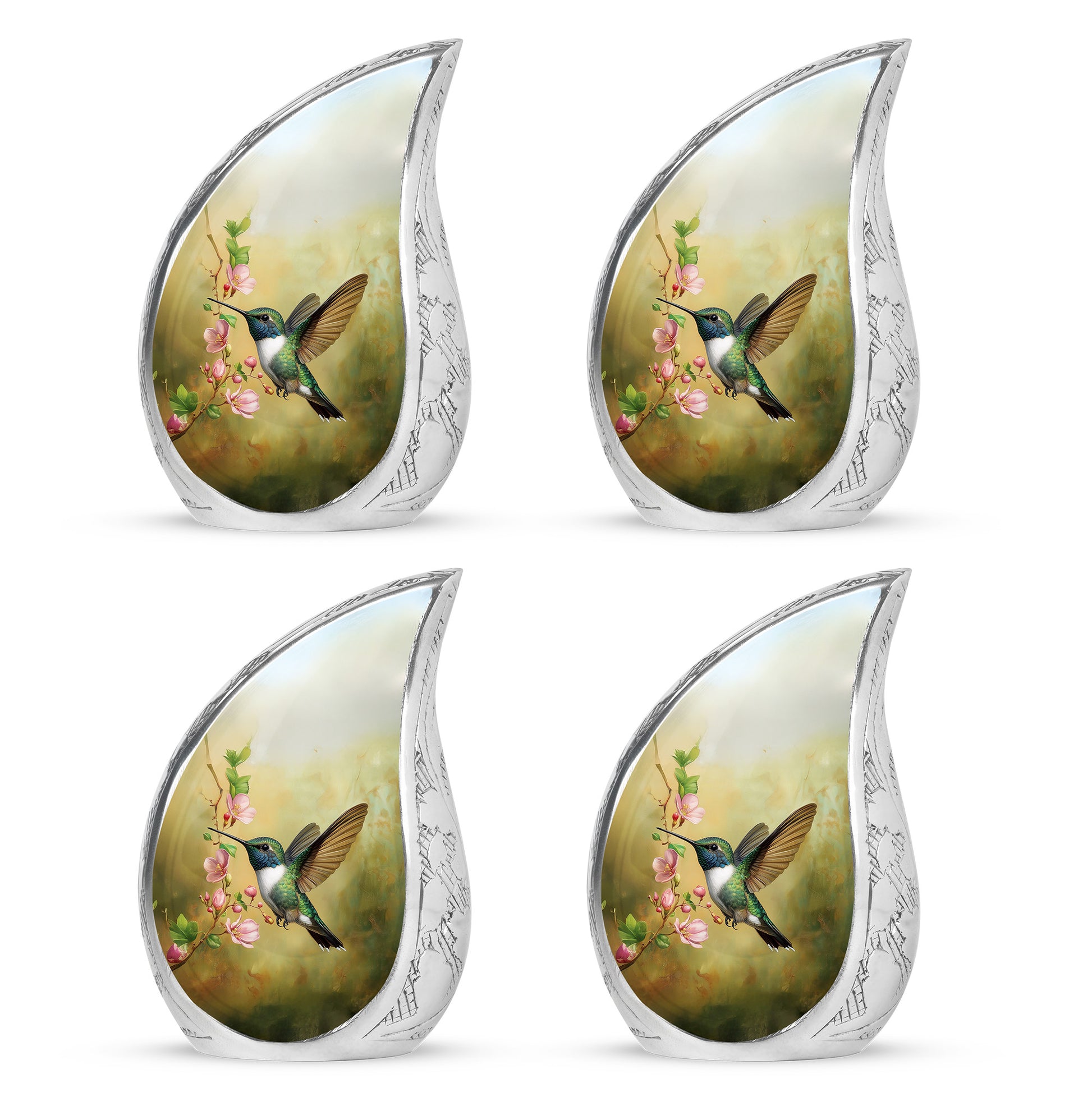 Warm Gold Hummingbird Cremation Urn close-up of engraving and surface detail - smooth teardrop contour featuring hummingbird art - 10 inch aluminum urn for cremated remains