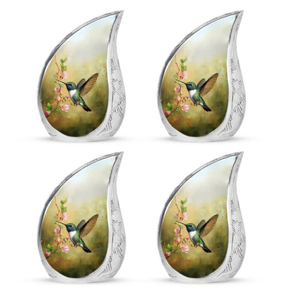 Warm Gold Hummingbird Cremation Urn close-up of engraving and surface detail - smooth teardrop contour featuring hummingbird art - 10 inch aluminum urn for cremated remains