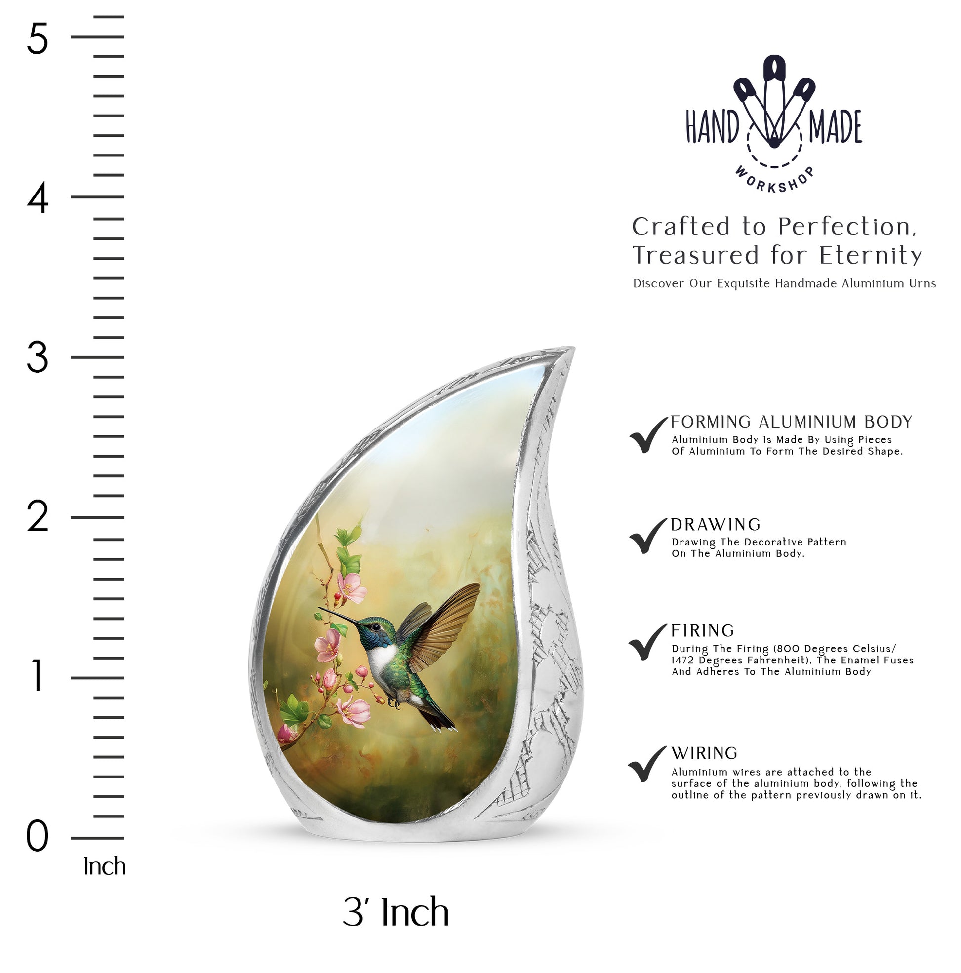 Gilded Gold Hummingbird Cremation Urn angled view of lid and engraved motif - rounded teardrop hummingbird design with delicate detail - mini keepsake memorial for portion of cremation ashes