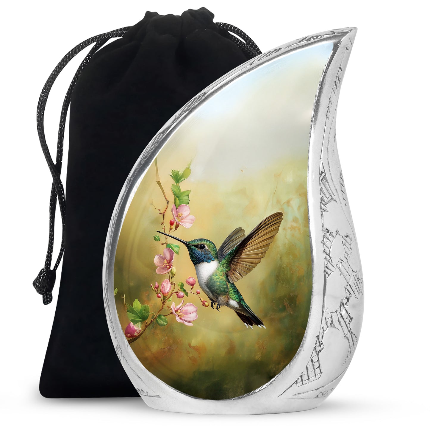 Sunrise Gold Hummingbird Cremation Urn front view showing detailed design - flowing teardrop hummingbird silhouette on curved aluminum - full-size 10 inch 200 cubic inch adult cremation urn