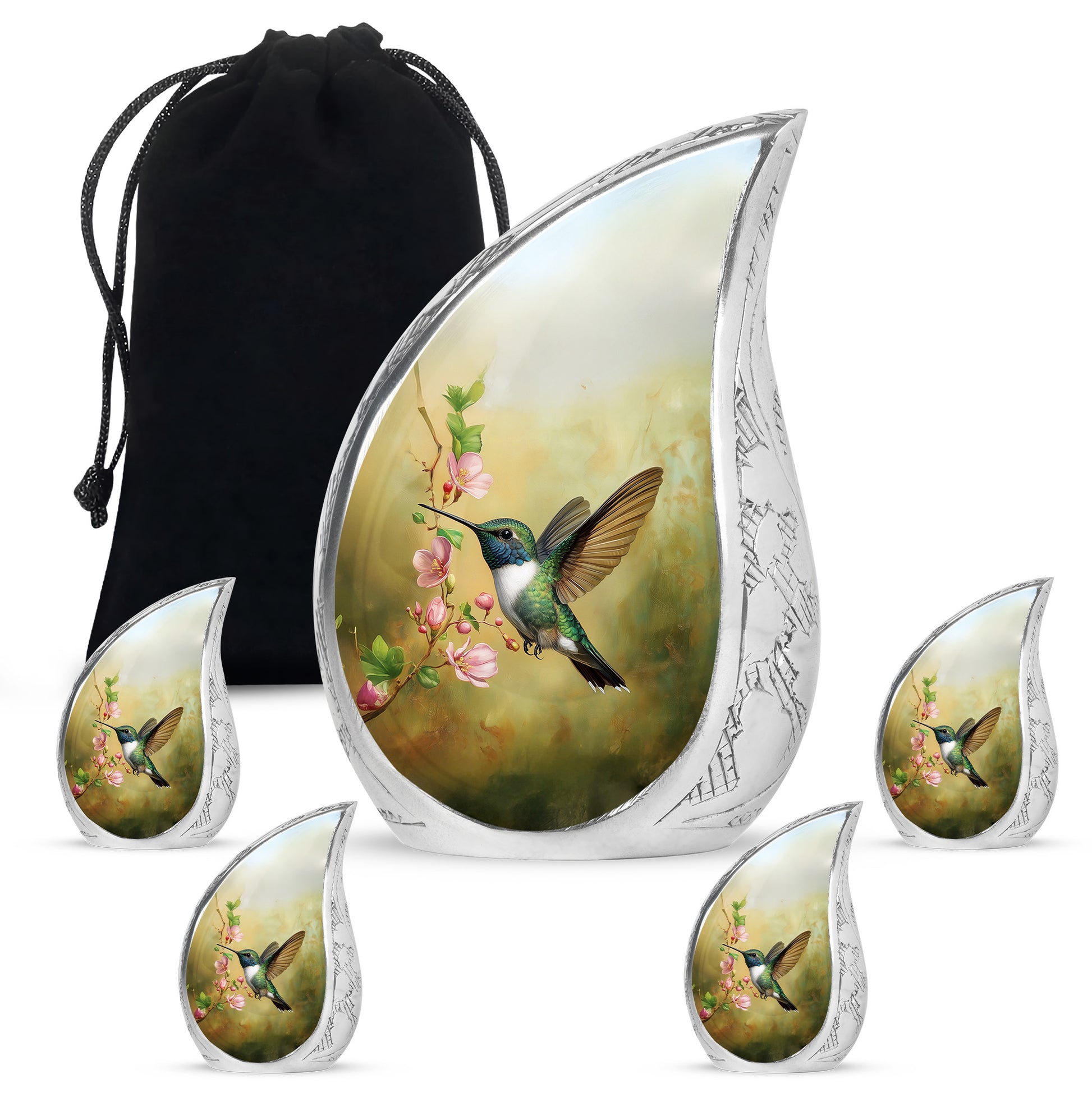 Amber Gold Hummingbird Cremation Urn side profile showing urn shape - flowing teardrop hummingbird silhouette on curved aluminum - memorial set with one large and four small urns