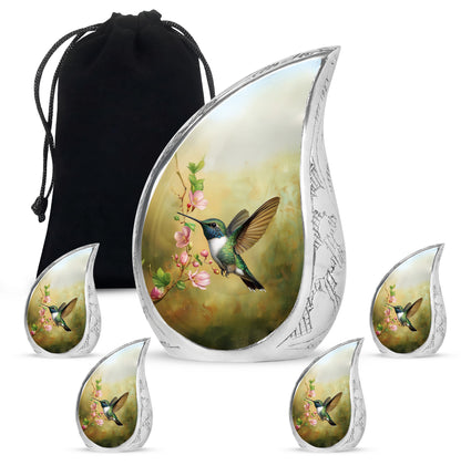 Amber Gold Hummingbird Cremation Urn side profile showing urn shape - flowing teardrop hummingbird silhouette on curved aluminum - memorial set with one large and four small urns