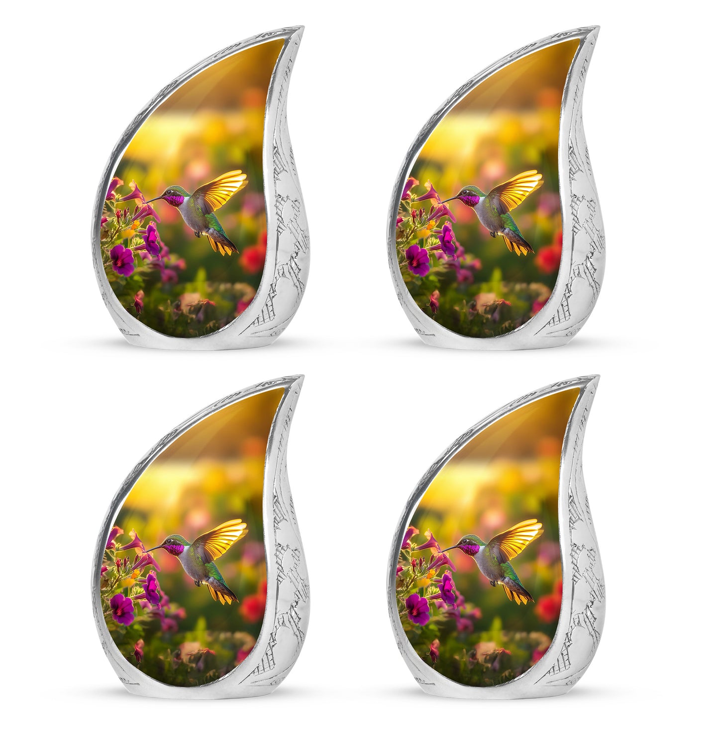 Antique Gold Hummingbird Cremation Urn close-up of engraving and surface detail - flowing teardrop hummingbird silhouette on curved aluminum - 10 inch aluminum urn for cremated remains