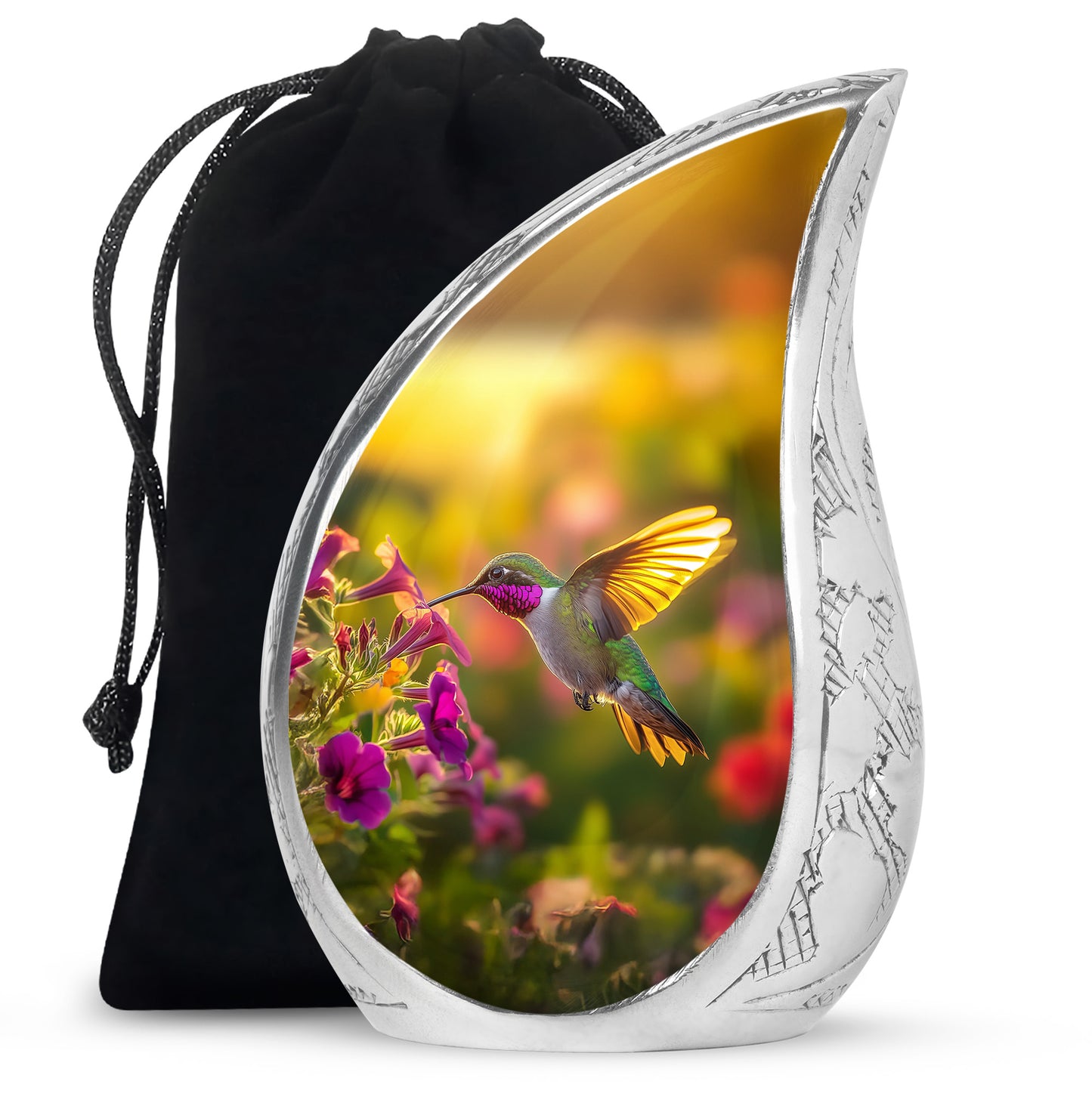 Champagne Gold Hummingbird Cremation Urn front view showing detailed design - rounded teardrop hummingbird design with delicate detail - full-size 10 inch 200 cubic inch adult cremation urn