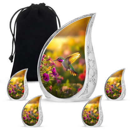 Matte Gold Hummingbird Cremation Urn side profile showing urn shape - graceful tear-shaped urn with hummingbird motif - memorial set with one large and four small urns