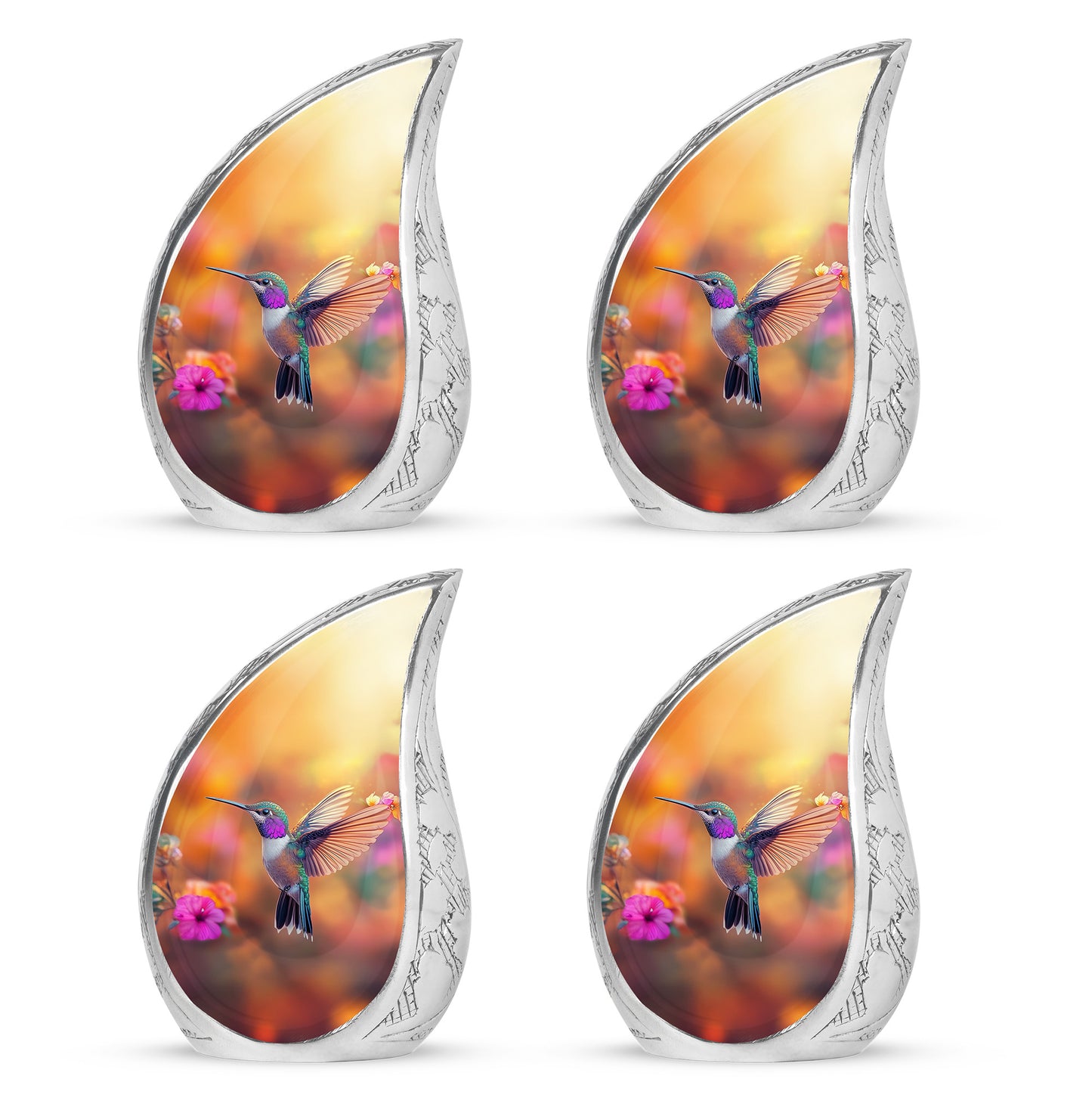 Royal Gold Hummingbird Cremation Urn close-up of engraving and surface detail - smooth teardrop contour featuring hummingbird art - 10 inch aluminum urn for cremated remains