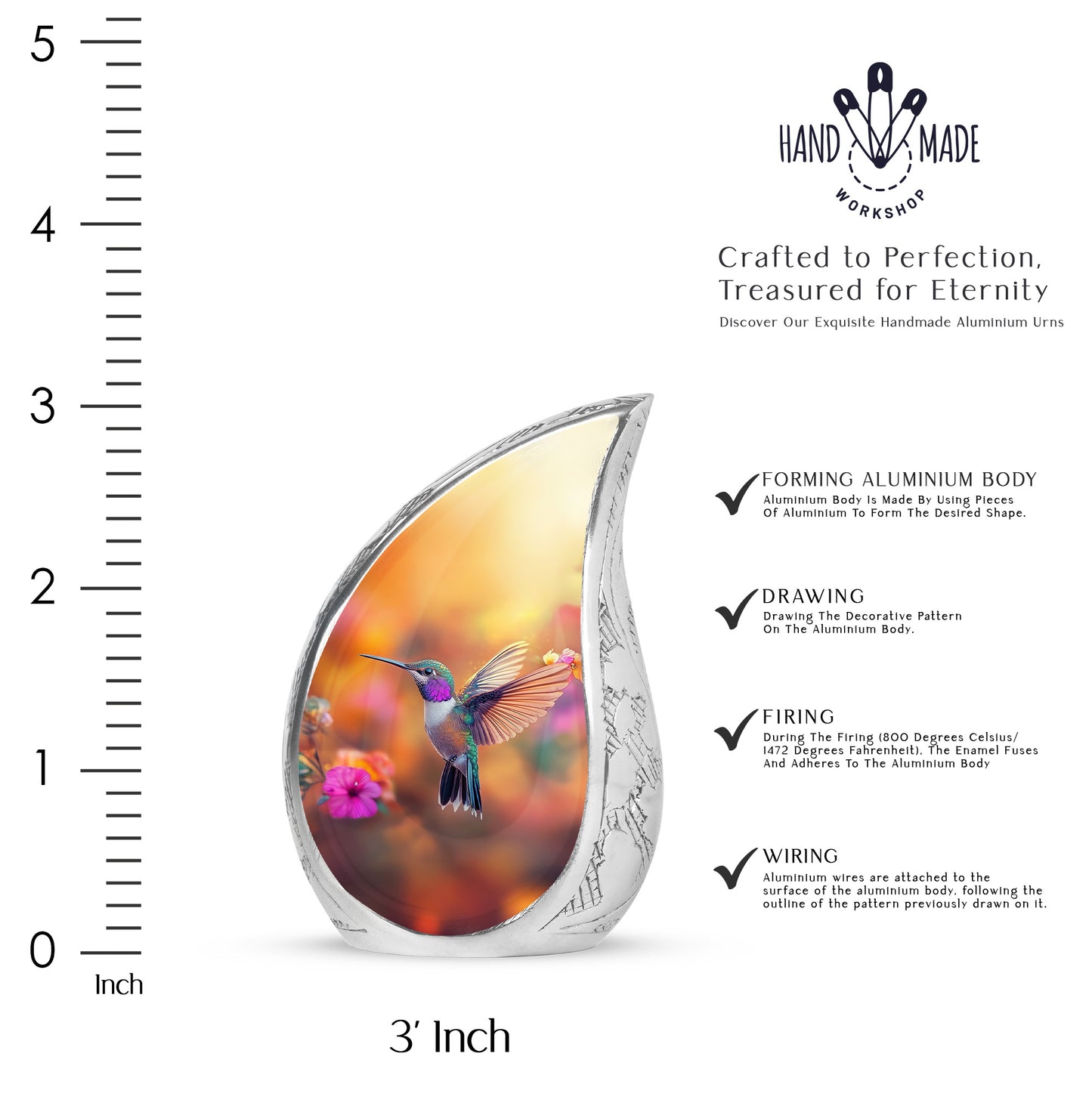 Royal Gold Hummingbird Cremation Urn angled view of lid and engraved motif - smooth teardrop contour featuring hummingbird art - mini keepsake memorial for portion of cremation ashes