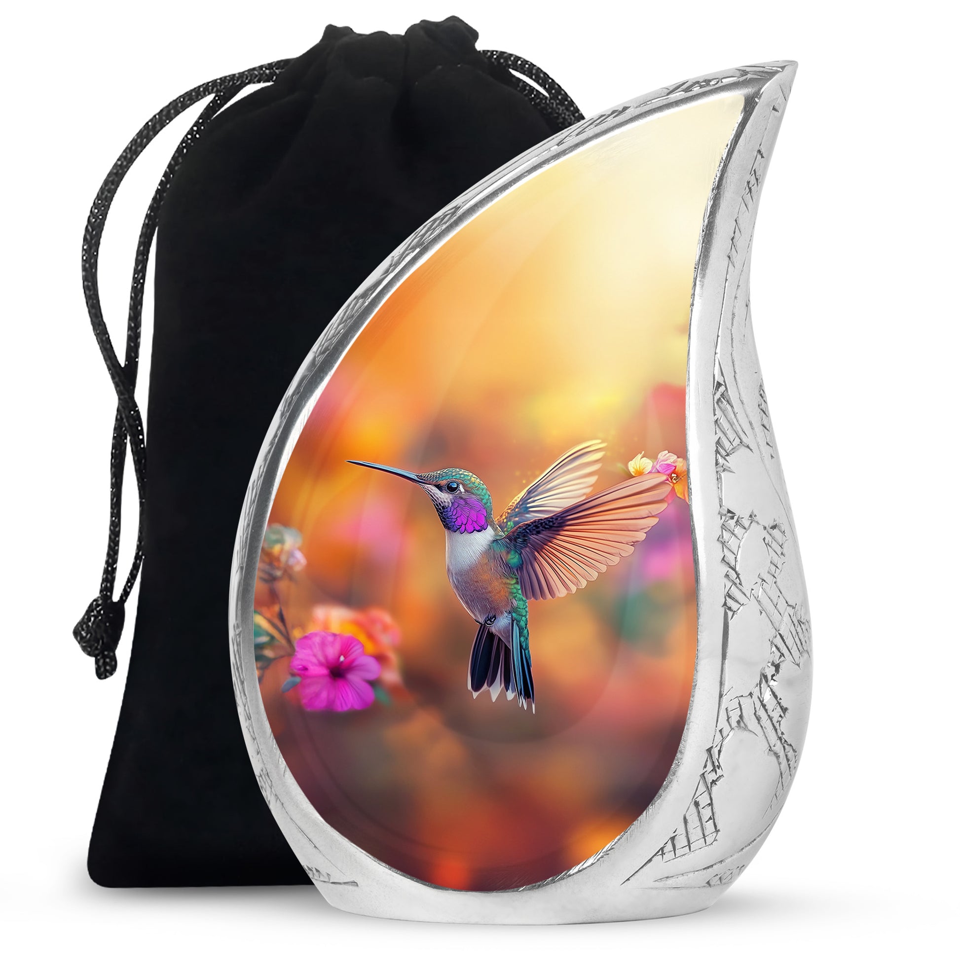 Sunrise Gold Hummingbird Cremation Urn front view showing detailed design - flowing teardrop hummingbird silhouette on curved aluminum - full-size 10 inch 200 cubic inch adult cremation urn