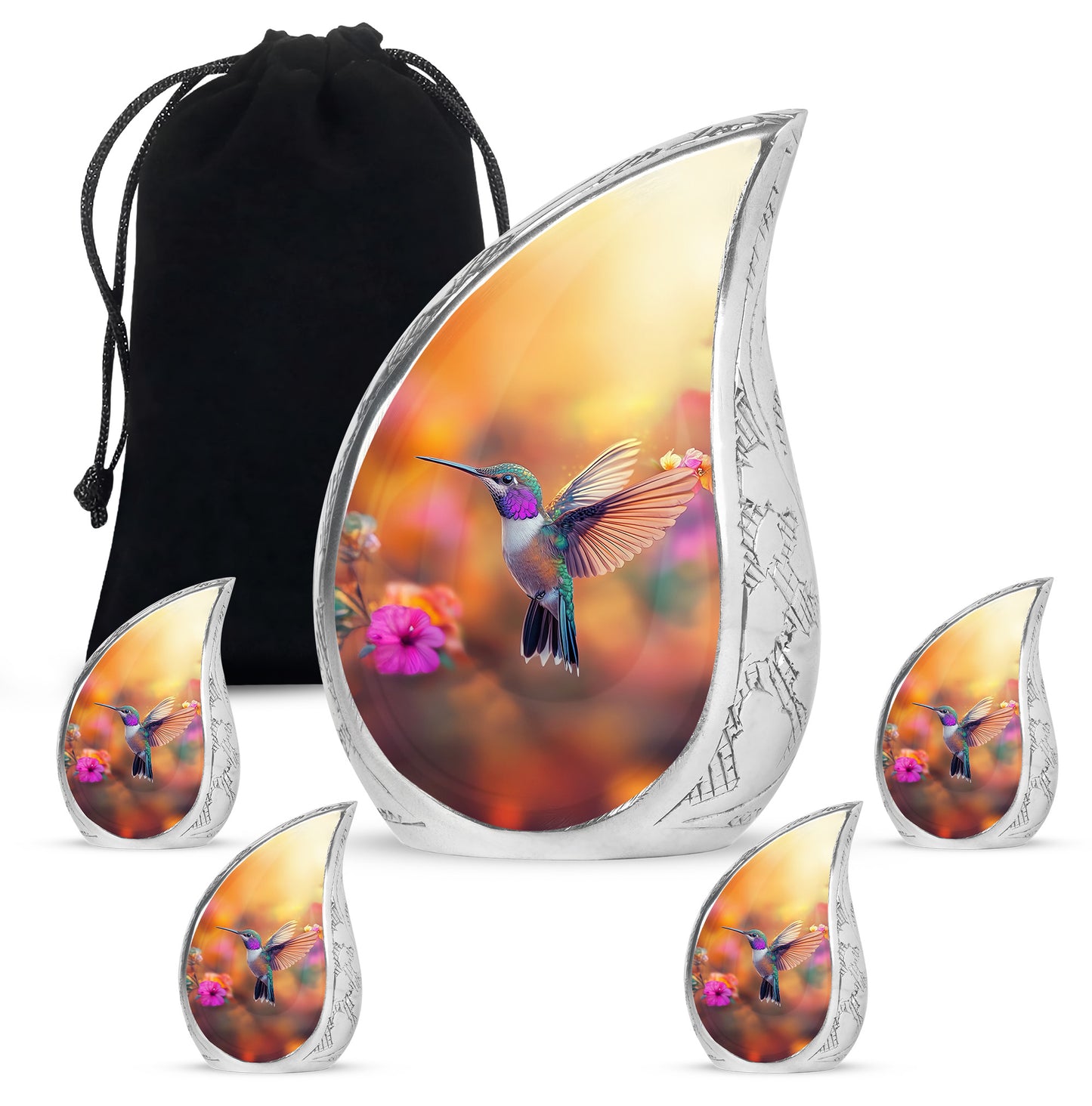 Warm Gold Hummingbird Cremation Urn side profile showing urn shape - graceful tear-shaped urn with hummingbird motif - memorial set with one large and four small urns