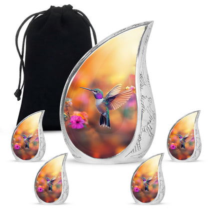 Warm Gold Hummingbird Cremation Urn side profile showing urn shape - graceful tear-shaped urn with hummingbird motif - memorial set with one large and four small urns