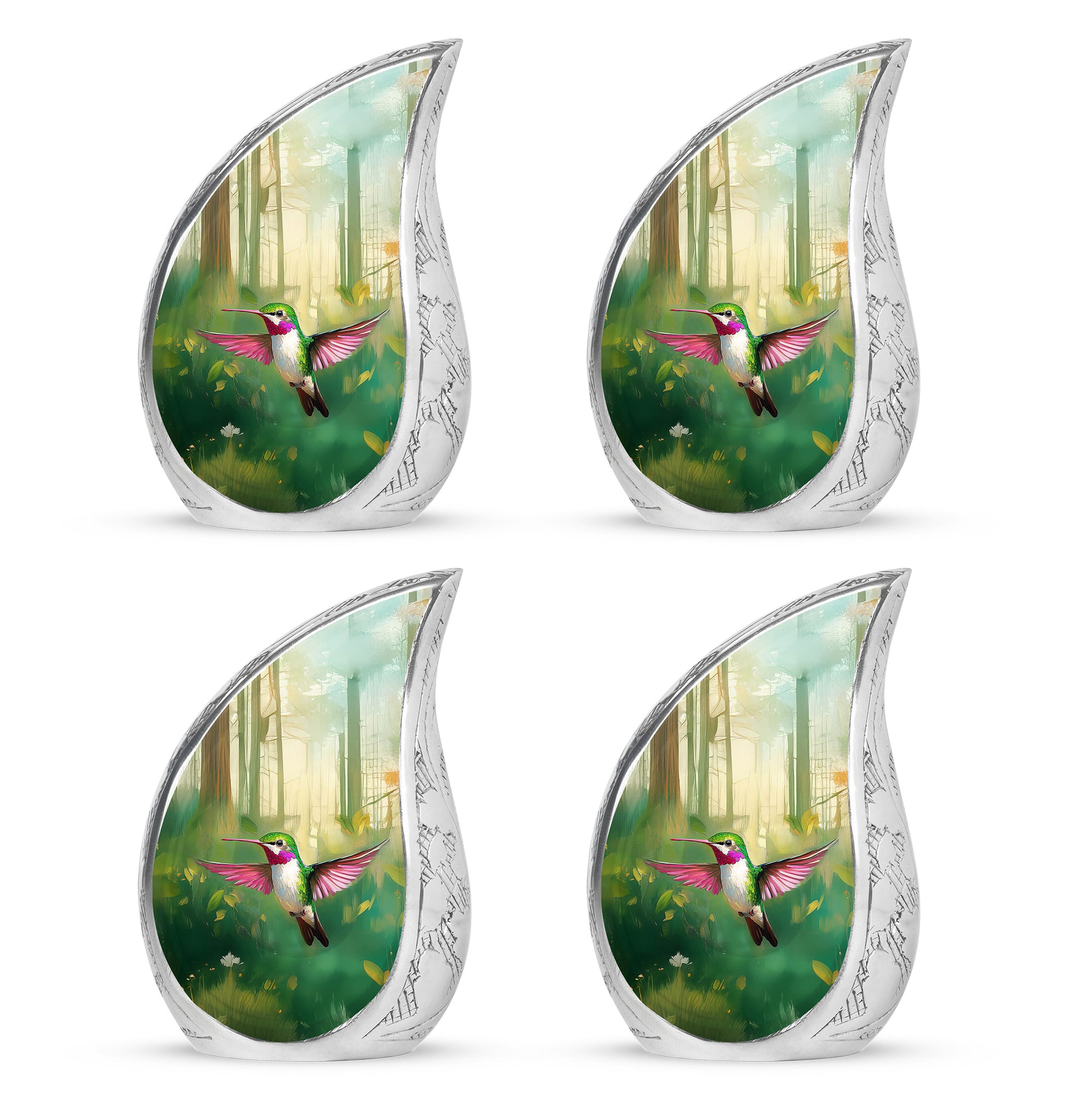 Forest Green Hummingbird Cremation Urn close-up of engraving and surface detail - graceful tear-shaped urn with hummingbird motif - 10 inch aluminum urn for cremated remains
