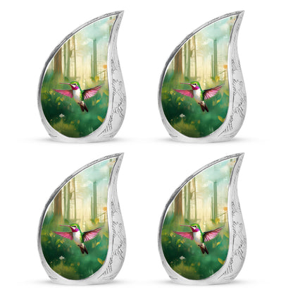 Forest Green Hummingbird Cremation Urn close-up of engraving and surface detail - graceful tear-shaped urn with hummingbird motif - 10 inch aluminum urn for cremated remains