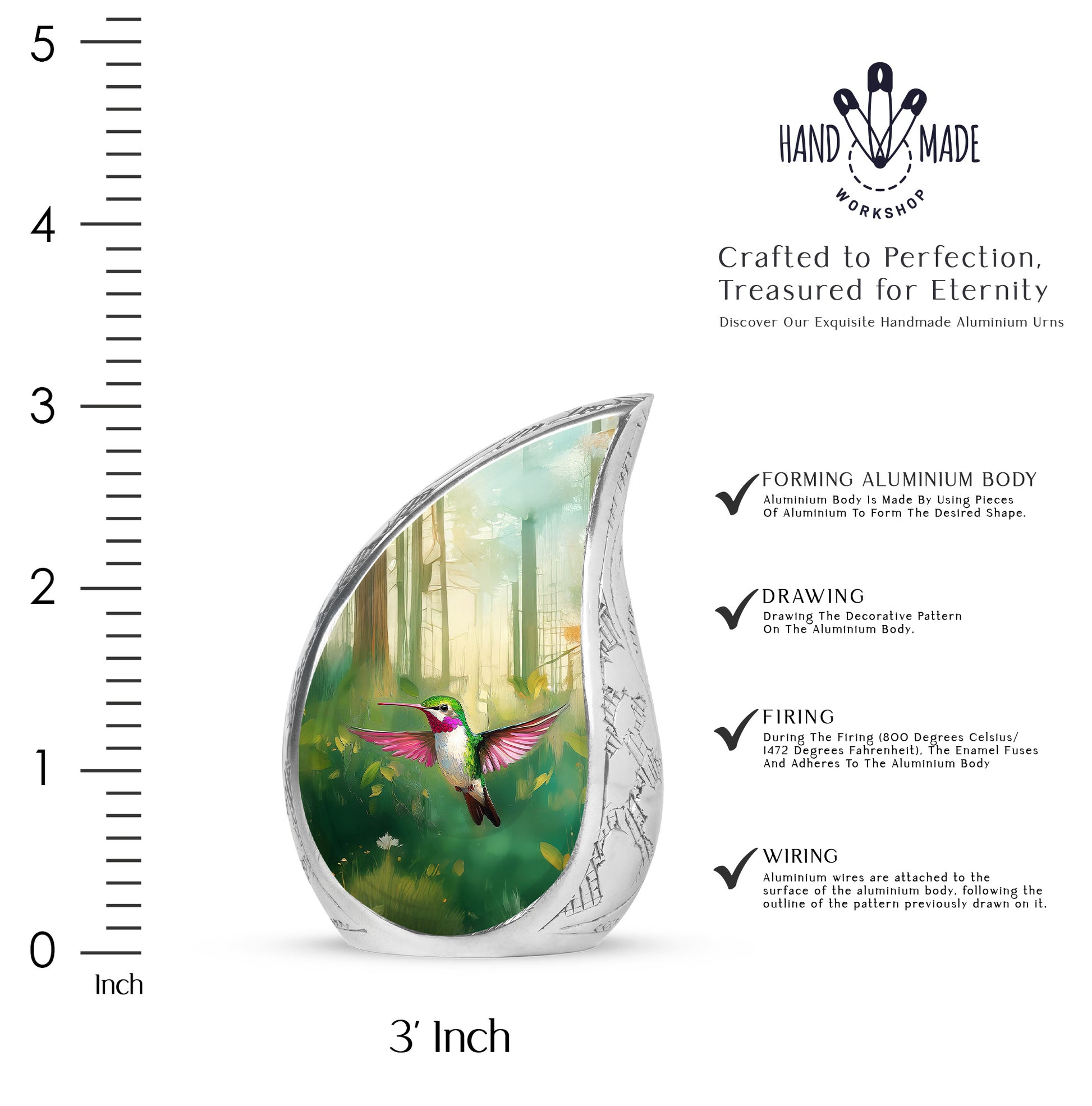 Jade Green Hummingbird Cremation Urn angled view of lid and engraved motif - rounded teardrop hummingbird design with delicate detail - mini keepsake memorial for portion of cremation ashes