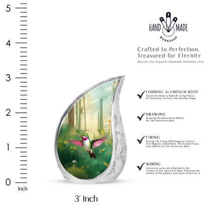 Jade Green Hummingbird Cremation Urn angled view of lid and engraved motif - rounded teardrop hummingbird design with delicate detail - mini keepsake memorial for portion of cremation ashes