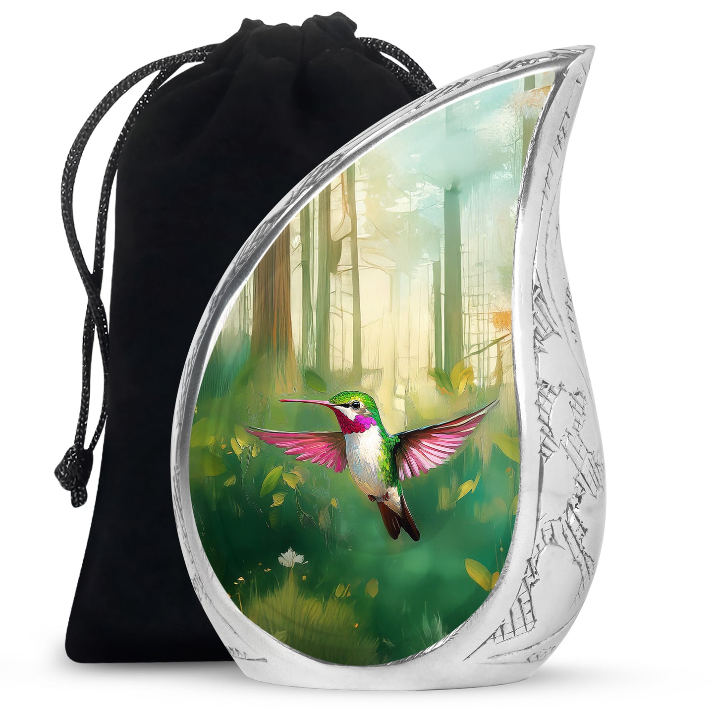 Pine Green Hummingbird Cremation Urn front view showing detailed design - smooth teardrop contour featuring hummingbird art - full-size 10 inch 200 cubic inch adult cremation urn