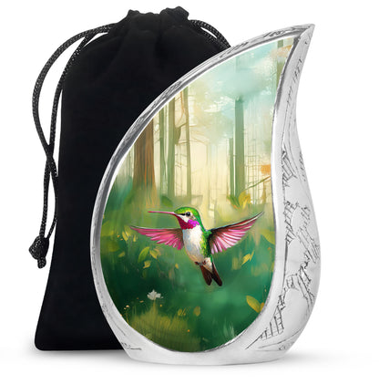 Pine Green Hummingbird Cremation Urn front view showing detailed design - smooth teardrop contour featuring hummingbird art - full-size 10 inch 200 cubic inch adult cremation urn