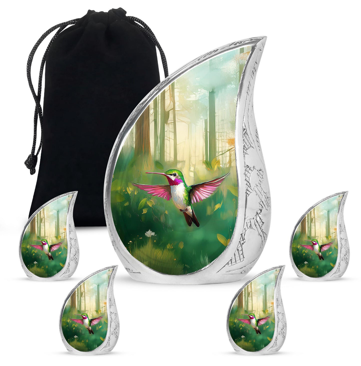 Jade Green Hummingbird Cremation Urn side profile showing urn shape - flowing teardrop hummingbird silhouette on curved aluminum - memorial set with one large and four small urns