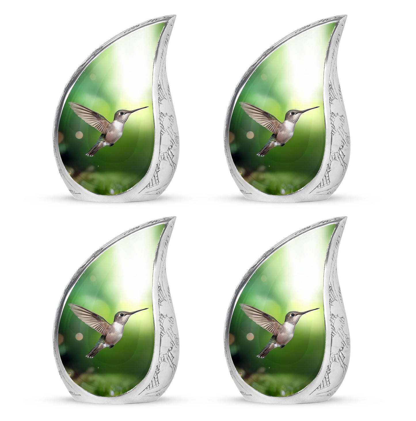 Mint Green Hummingbird Cremation Urn close-up of engraving and surface detail - smooth teardrop contour featuring hummingbird art - 10 inch aluminum urn for cremated remains