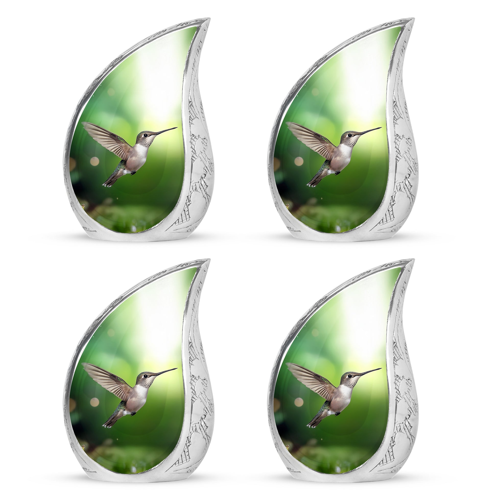 Mint Green Hummingbird Cremation Urn close-up of engraving and surface detail - smooth teardrop contour featuring hummingbird art - 10 inch aluminum urn for cremated remains
