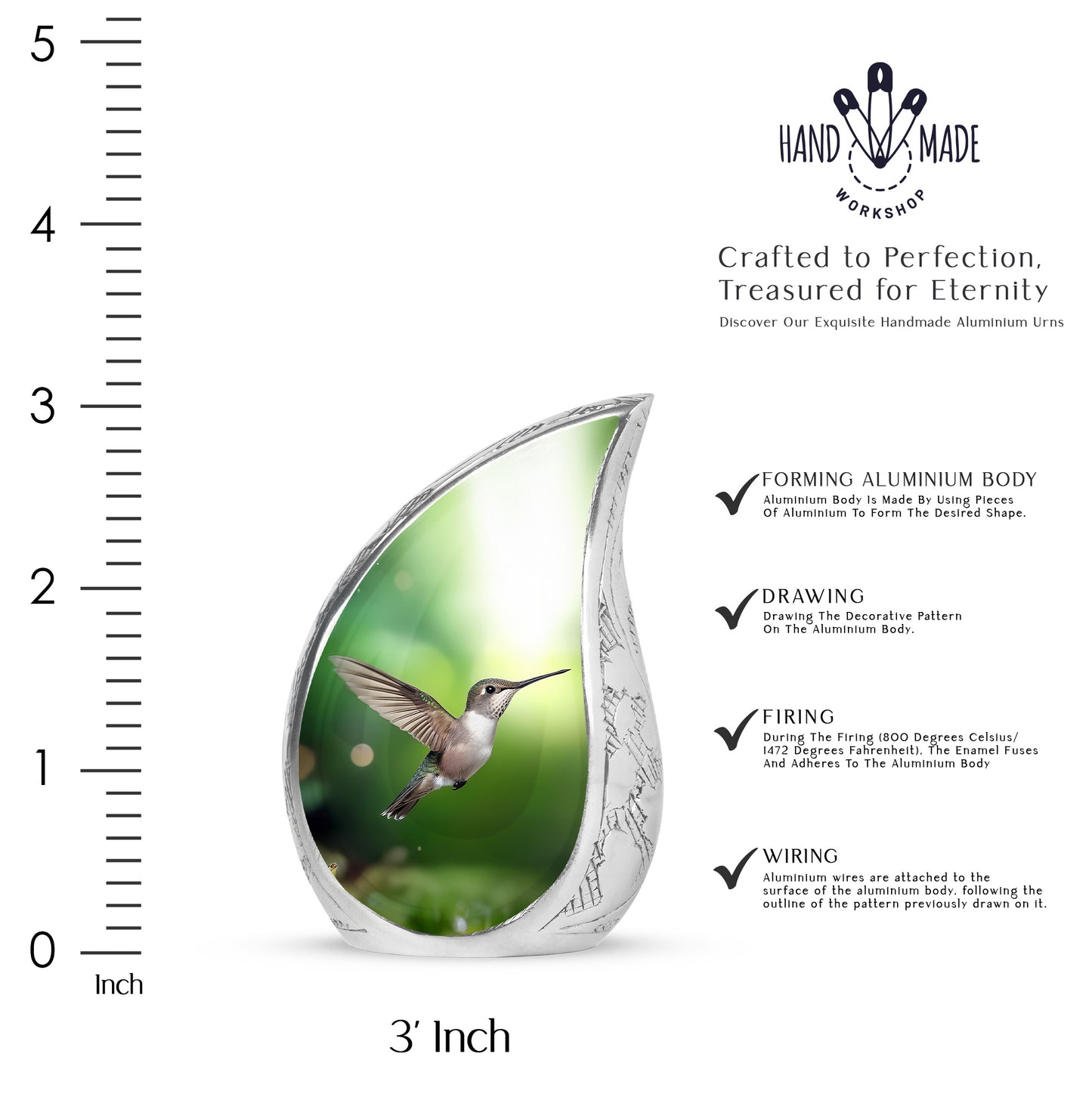 Jade Green Hummingbird Cremation Urn angled view of lid and engraved motif - rounded teardrop hummingbird design with delicate detail - mini keepsake memorial for portion of cremation ashes
