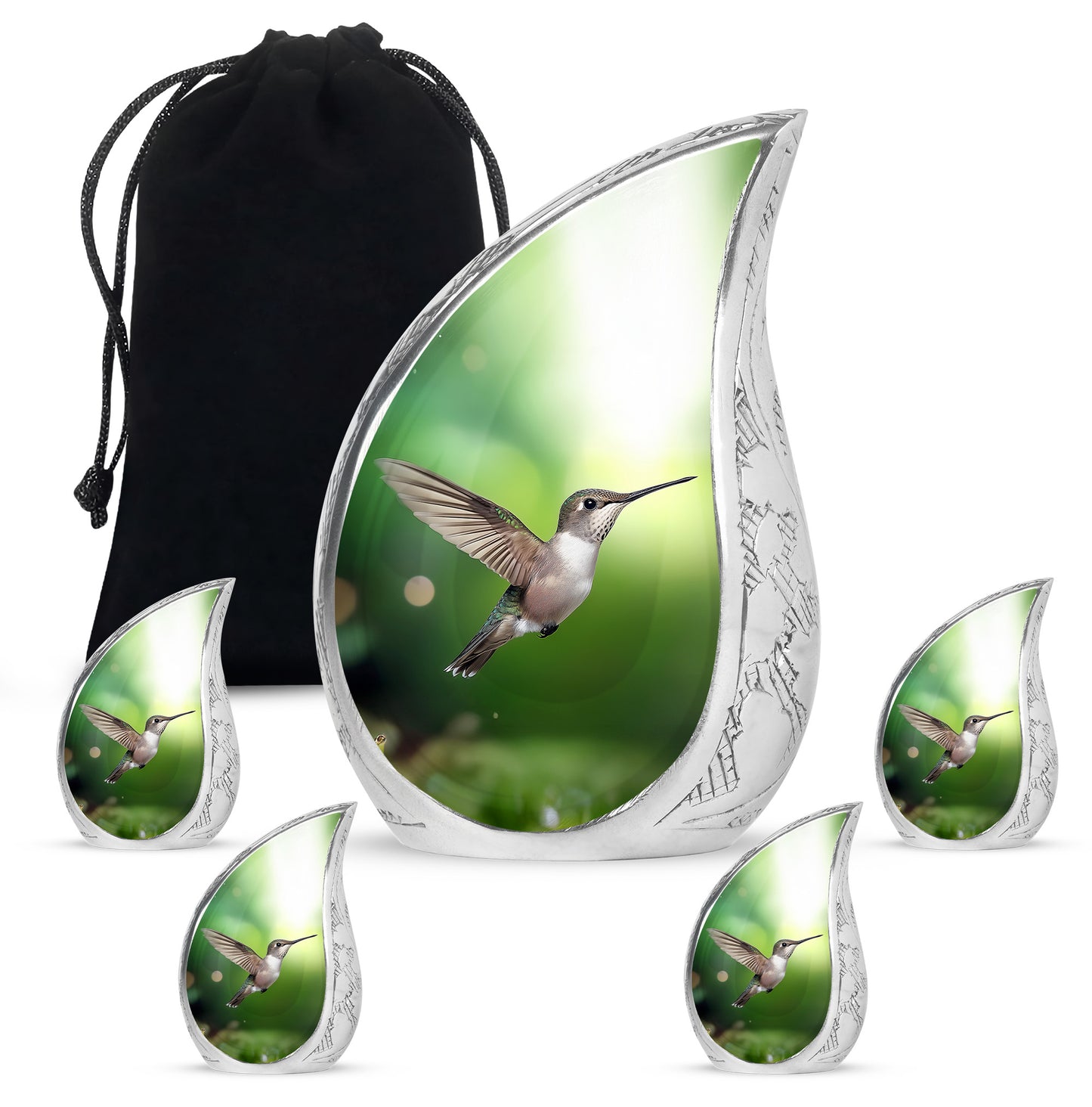 Mint Green Hummingbird Cremation Urn side profile showing urn shape - smooth teardrop contour featuring hummingbird art - memorial set with one large and four small urns