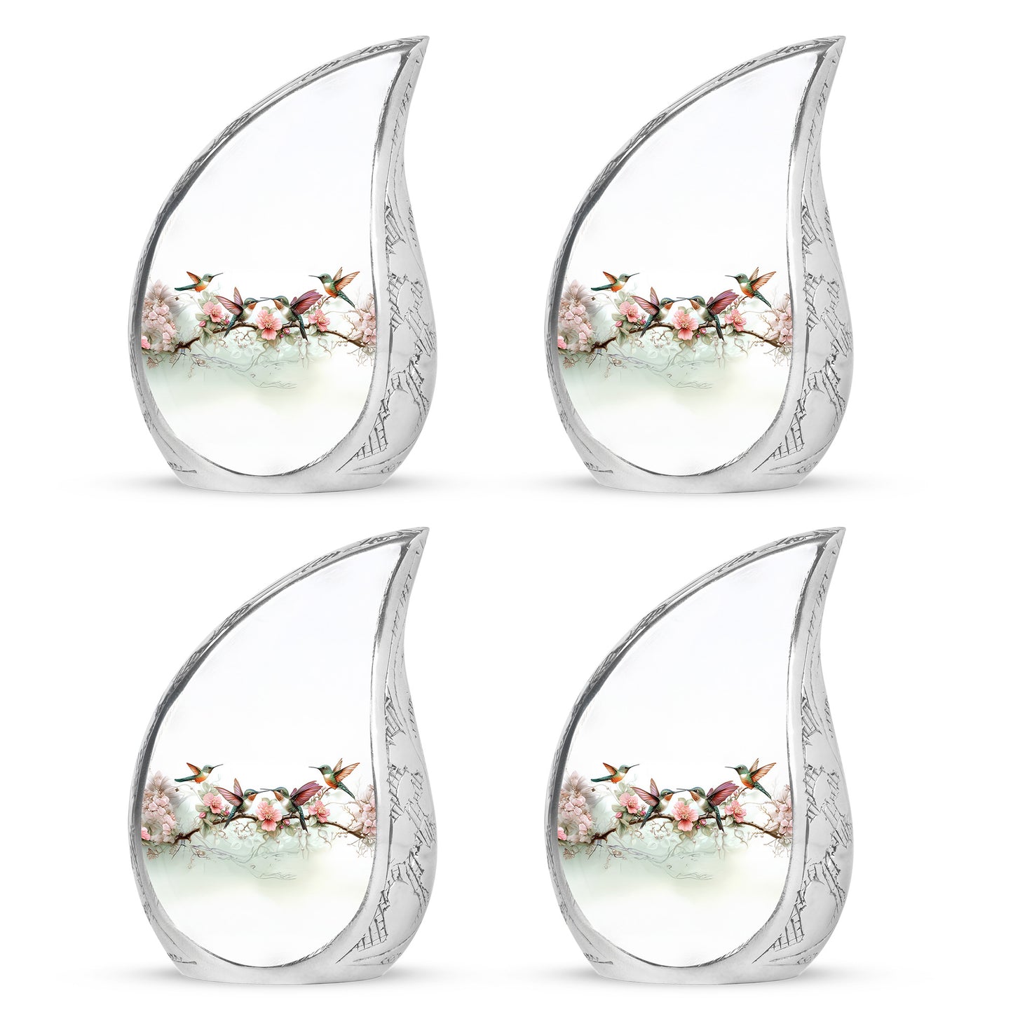Polished Silver Hummingbird Cremation Urn close-up of engraving and surface detail - smooth teardrop contour featuring hummingbird art - 10 inch aluminum urn for cremated remains