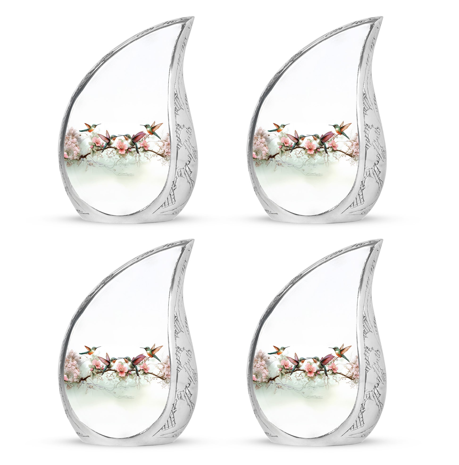 Polished Silver Hummingbird Cremation Urn close-up of engraving and surface detail - smooth teardrop contour featuring hummingbird art - 10 inch aluminum urn for cremated remains