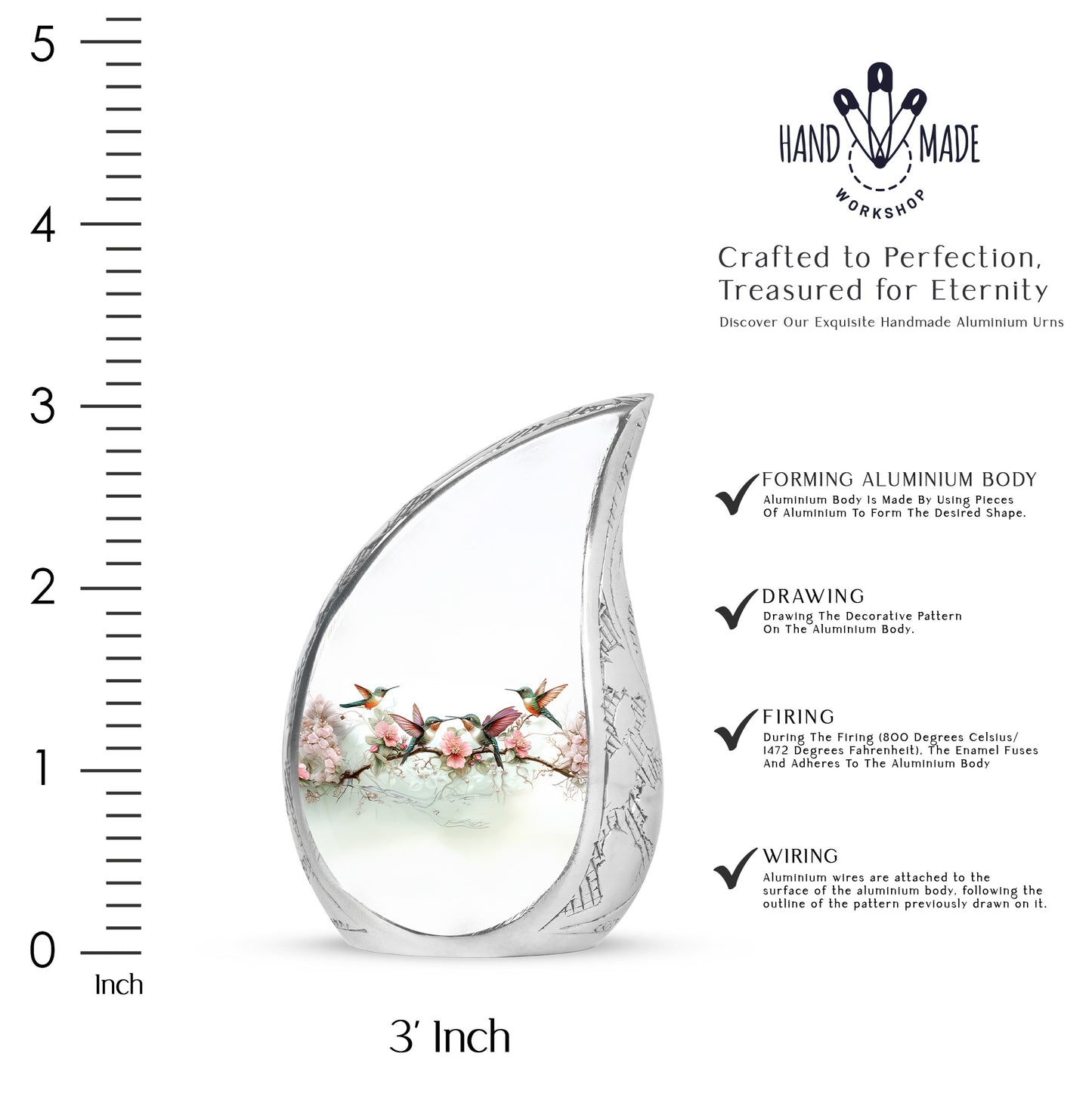 Chrome Silver Hummingbird Cremation Urn angled view of lid and engraved motif - smooth teardrop contour featuring hummingbird art - mini keepsake memorial for portion of cremation ashes