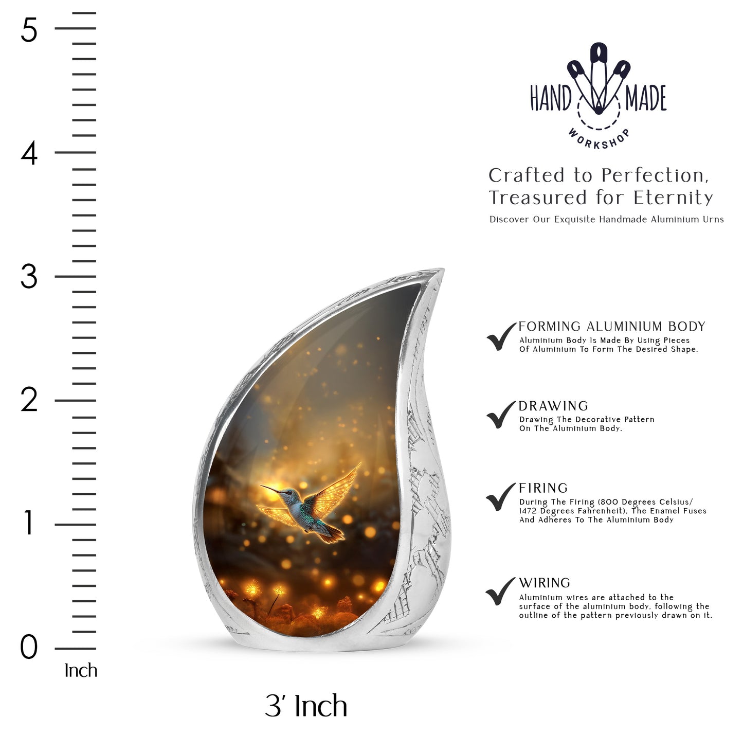 Amber Gold Hummingbird Cremation Urn angled view of lid and engraved motif - flowing teardrop hummingbird silhouette on curved aluminum - mini keepsake memorial for portion of cremation ashes