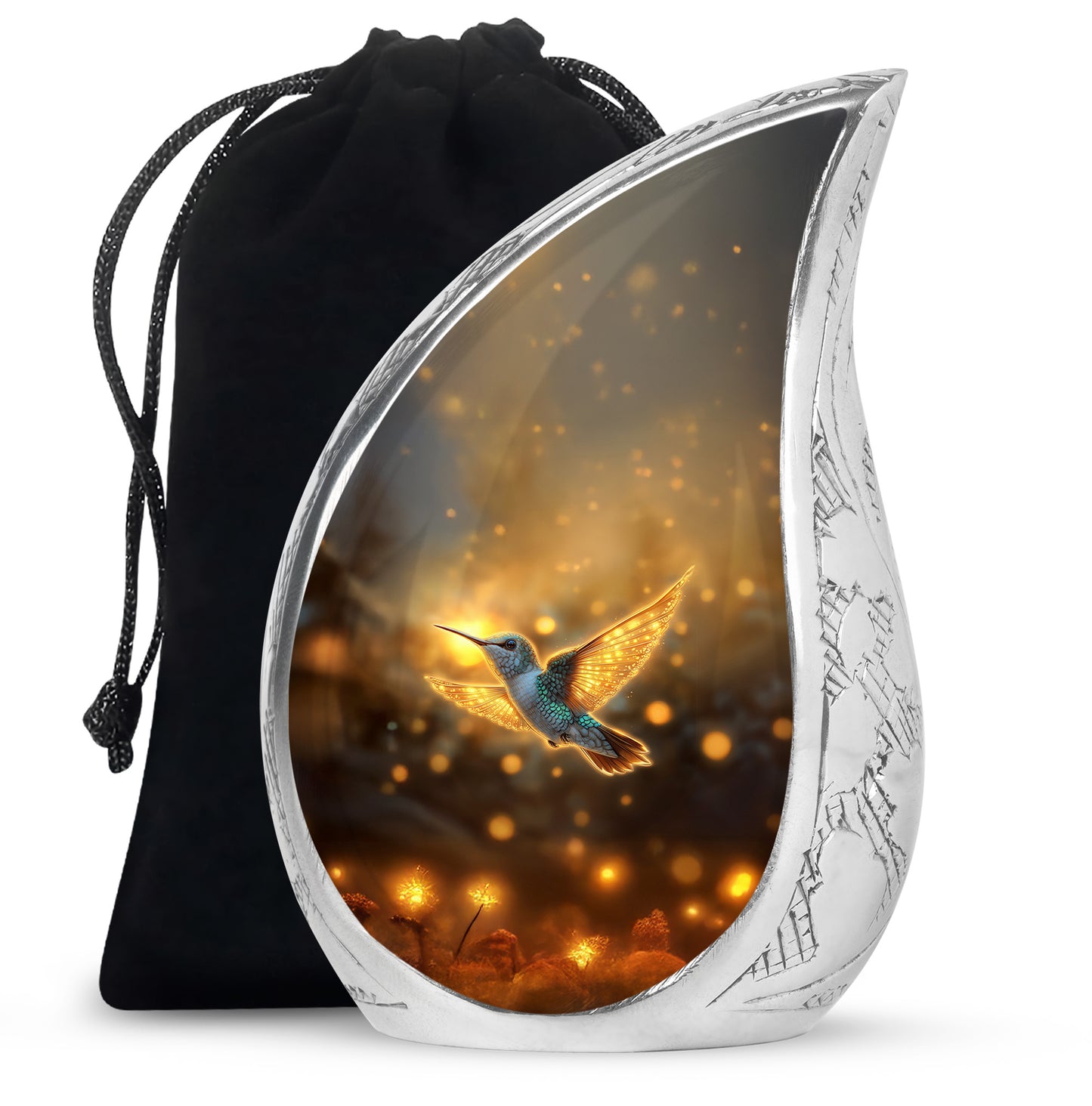 Warm Gold Hummingbird Cremation Urn front view showing detailed design - graceful tear-shaped urn with hummingbird motif - full-size 10 inch 200 cubic inch adult cremation urn