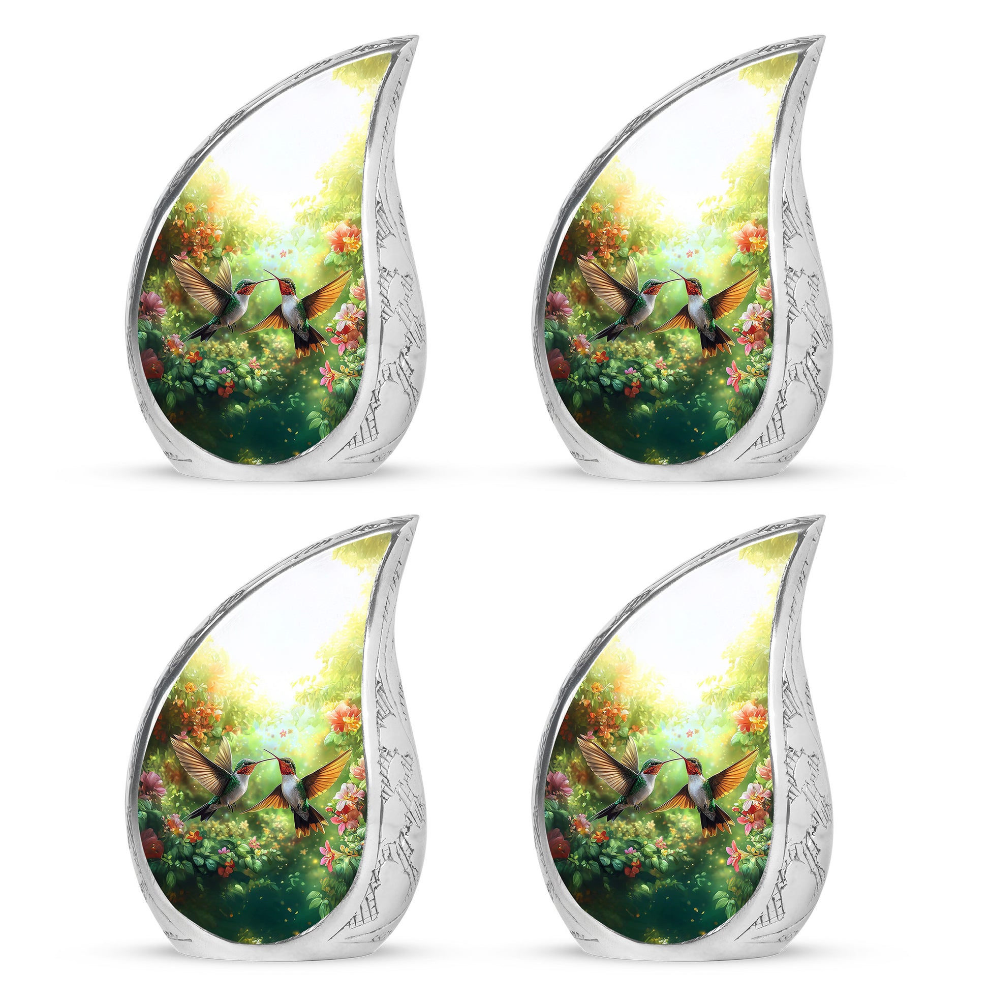Warm Yellow Hummingbird Cremation Urn close-up of engraving and surface detail - rounded teardrop hummingbird design with delicate detail - 10 inch aluminum urn for cremated remains