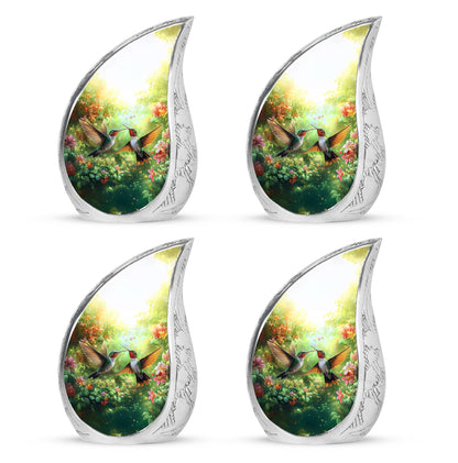 Warm Yellow Hummingbird Cremation Urn close-up of engraving and surface detail - rounded teardrop hummingbird design with delicate detail - 10 inch aluminum urn for cremated remains