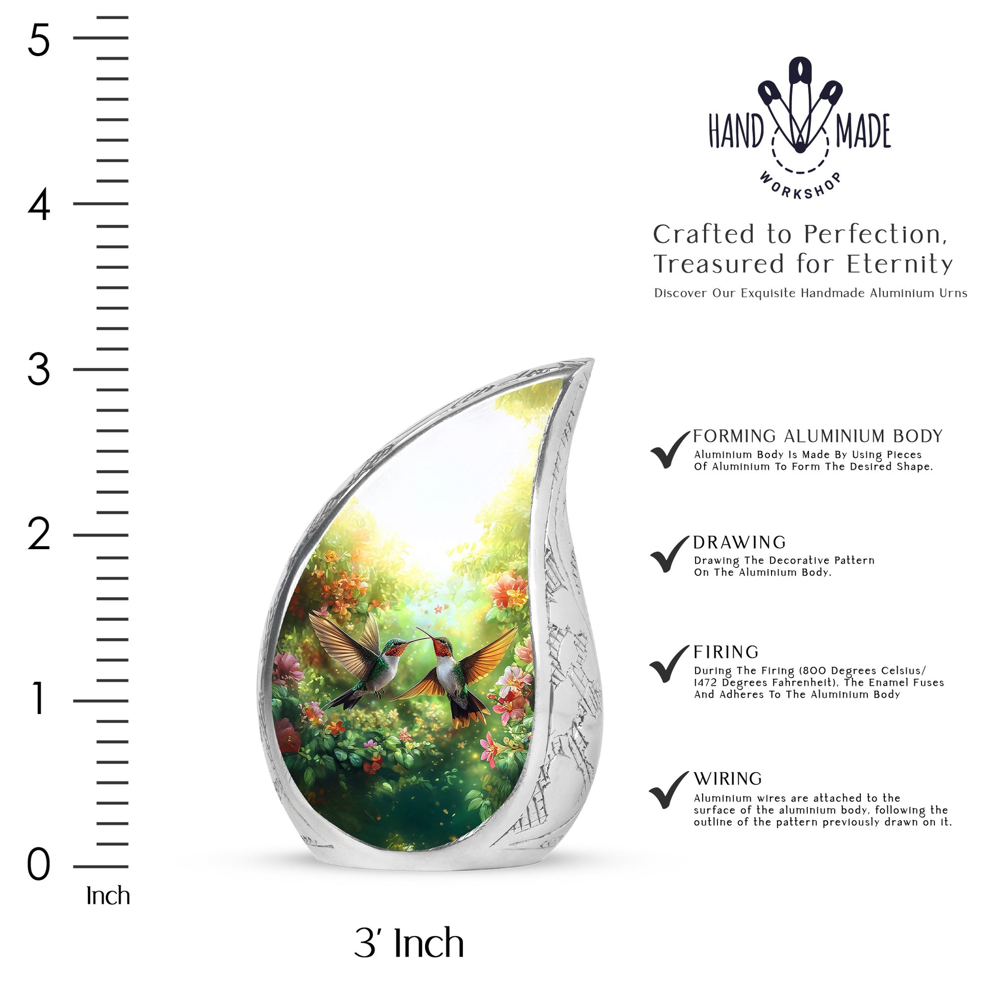 Amber Yellow Hummingbird Cremation Urn angled view of lid and engraved motif - rounded teardrop hummingbird design with delicate detail - mini keepsake memorial for portion of cremation ashes