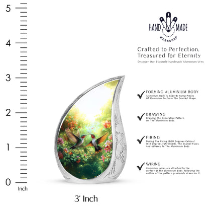Amber Yellow Hummingbird Cremation Urn angled view of lid and engraved motif - rounded teardrop hummingbird design with delicate detail - mini keepsake memorial for portion of cremation ashes