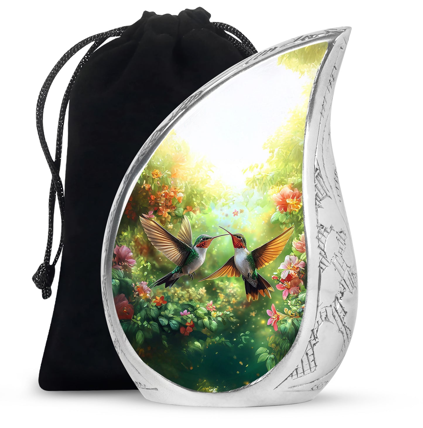Sunshine Yellow Hummingbird Cremation Urn front view showing detailed design - graceful tear-shaped urn with hummingbird motif - full-size 10 inch 200 cubic inch adult cremation urn