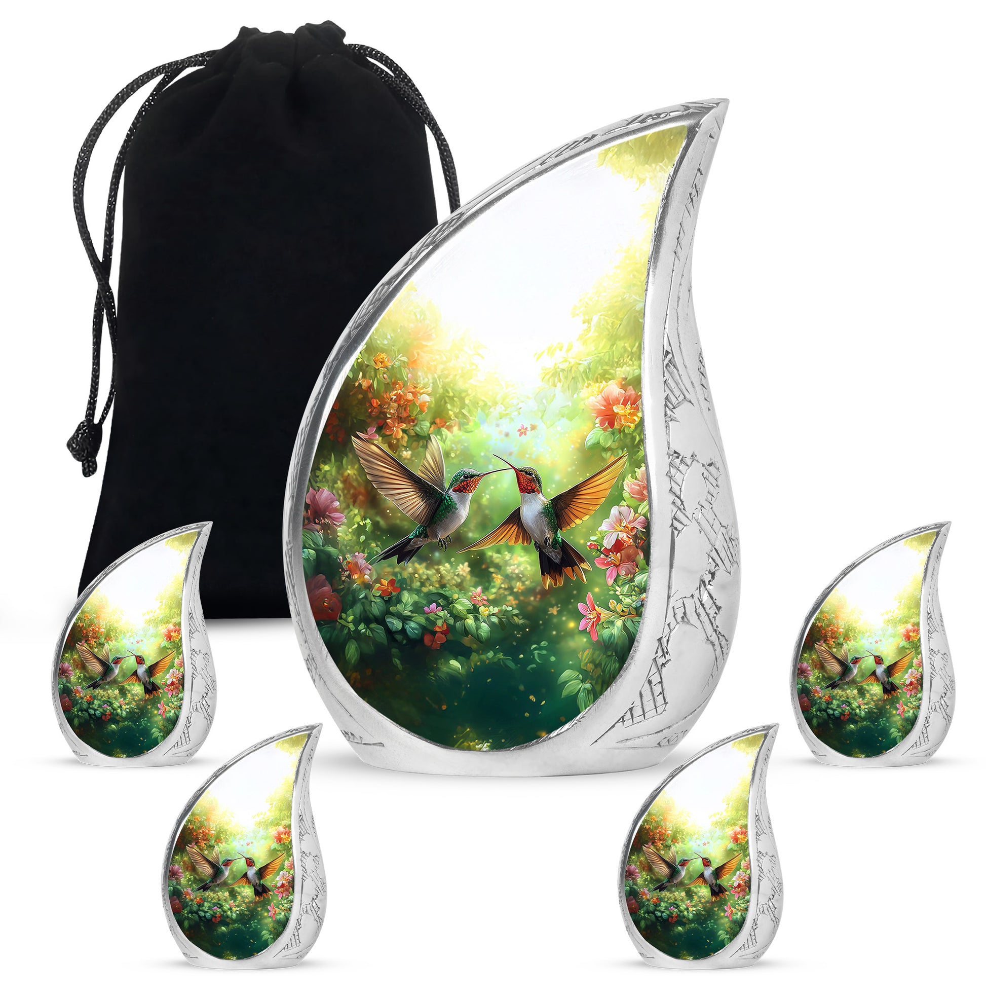 Warm Yellow Hummingbird Cremation Urn side profile showing urn shape - rounded teardrop hummingbird design with delicate detail - memorial set with one large and four small urns
