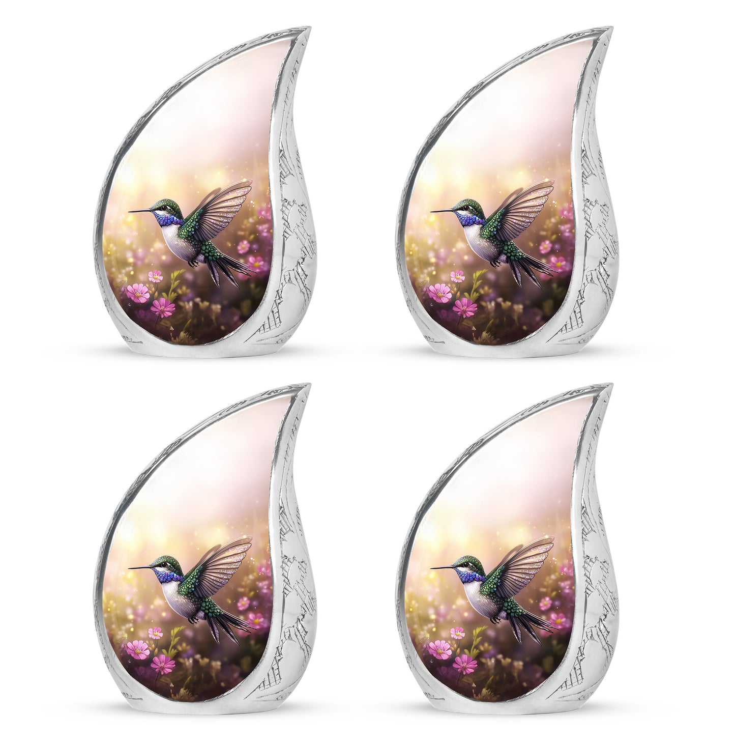 Amber Gold Hummingbird Cremation Urn close-up of engraving and surface detail - flowing teardrop hummingbird silhouette on curved aluminum - 10 inch aluminum urn for cremated remains