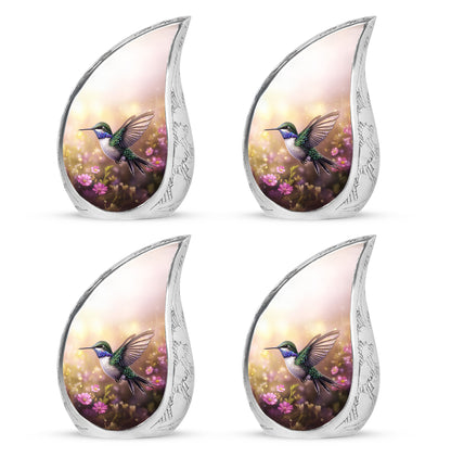 Amber Gold Hummingbird Cremation Urn close-up of engraving and surface detail - flowing teardrop hummingbird silhouette on curved aluminum - 10 inch aluminum urn for cremated remains