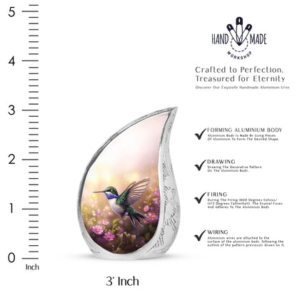 Warm Gold Hummingbird Cremation Urn angled view of lid and engraved motif - smooth teardrop contour featuring hummingbird art - mini keepsake memorial for portion of cremation ashes