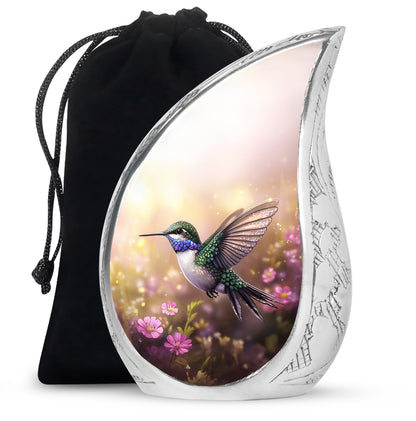 Royal Gold Hummingbird Cremation Urn front view showing detailed design - graceful tear-shaped urn with hummingbird motif - full-size 10 inch 200 cubic inch adult cremation urn