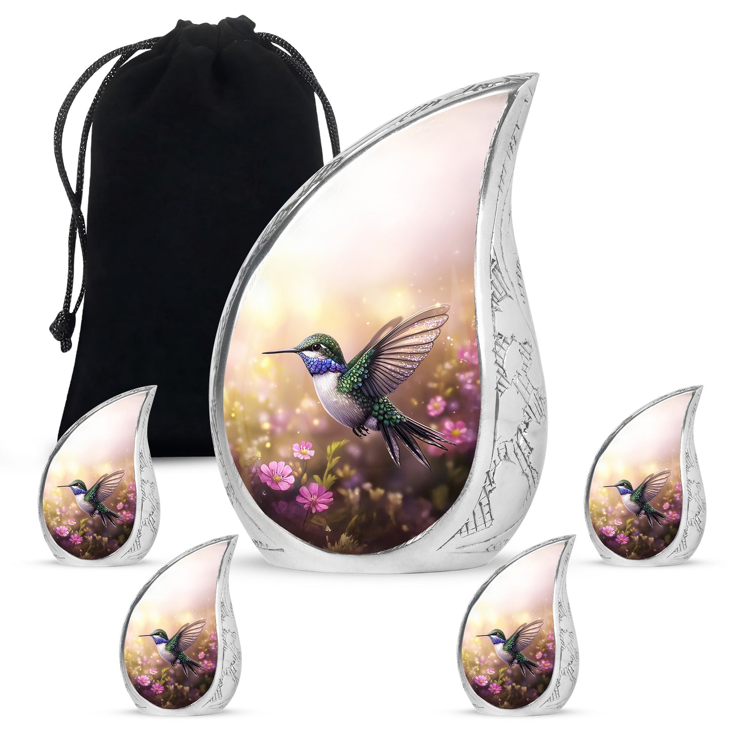 Royal Gold Hummingbird Cremation Urn side profile showing urn shape - graceful tear-shaped urn with hummingbird motif - memorial set with one large and four small urns