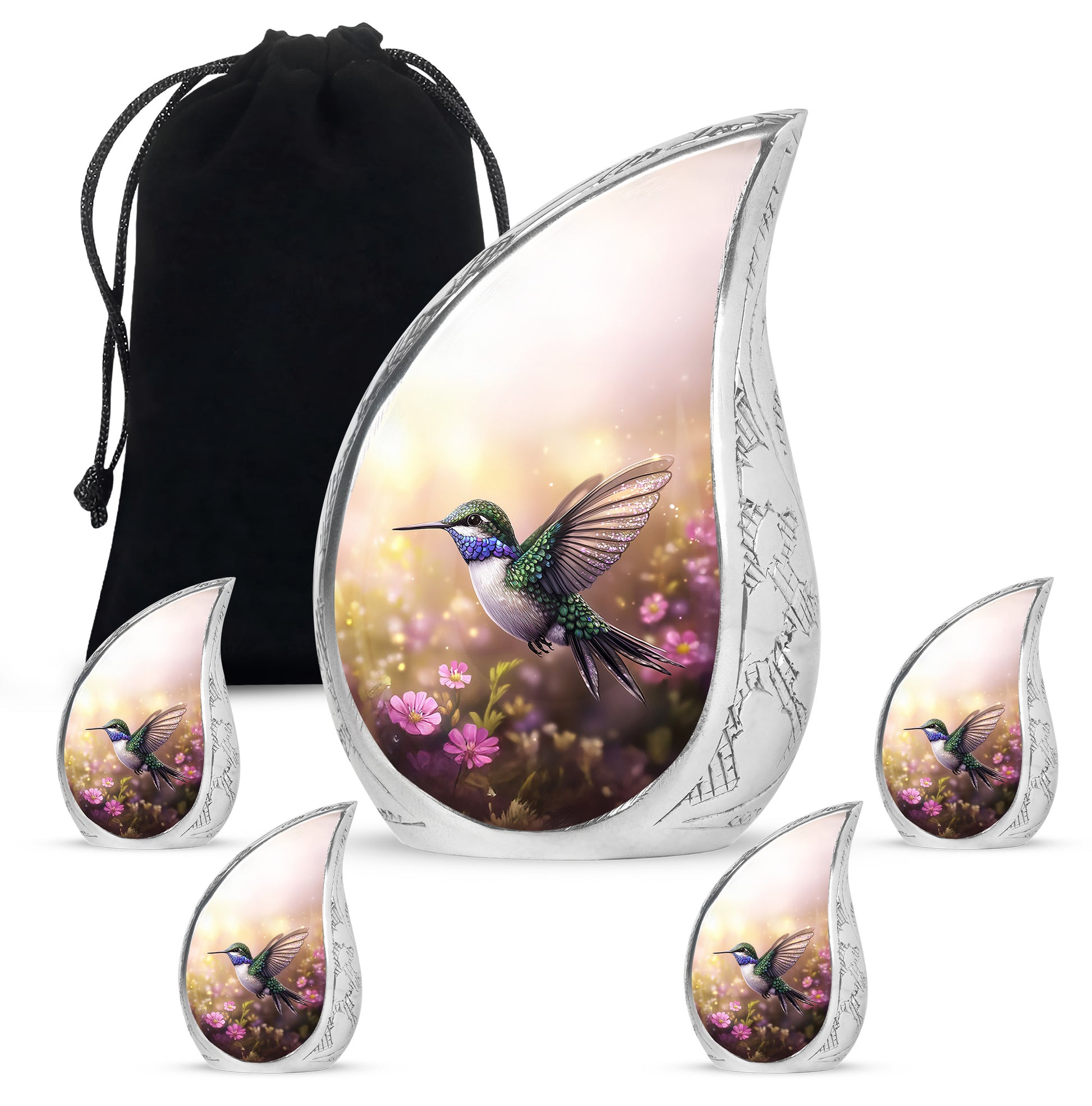 Royal Gold Hummingbird Cremation Urn side profile showing urn shape - graceful tear-shaped urn with hummingbird motif - memorial set with one large and four small urns