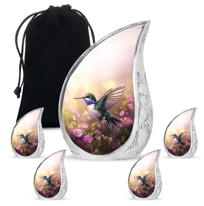 Royal Gold Hummingbird Cremation Urn side profile showing urn shape - graceful tear-shaped urn with hummingbird motif - memorial set with one large and four small urns